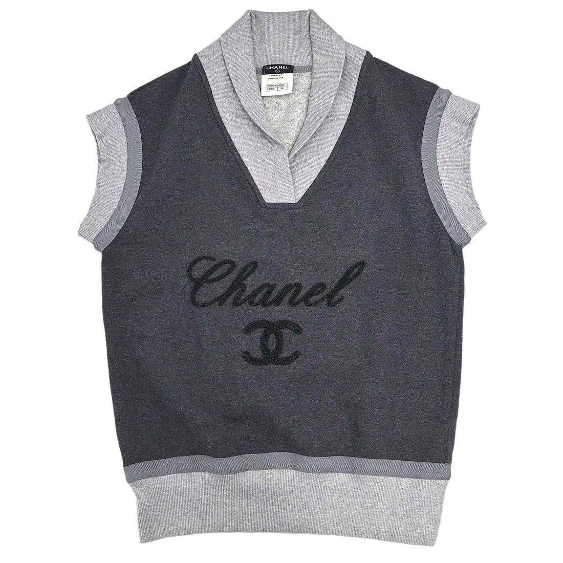 CHANEL Gray Cotton Knit Collared Short Sleeve Sweater Top Size 36 (1 of 15)