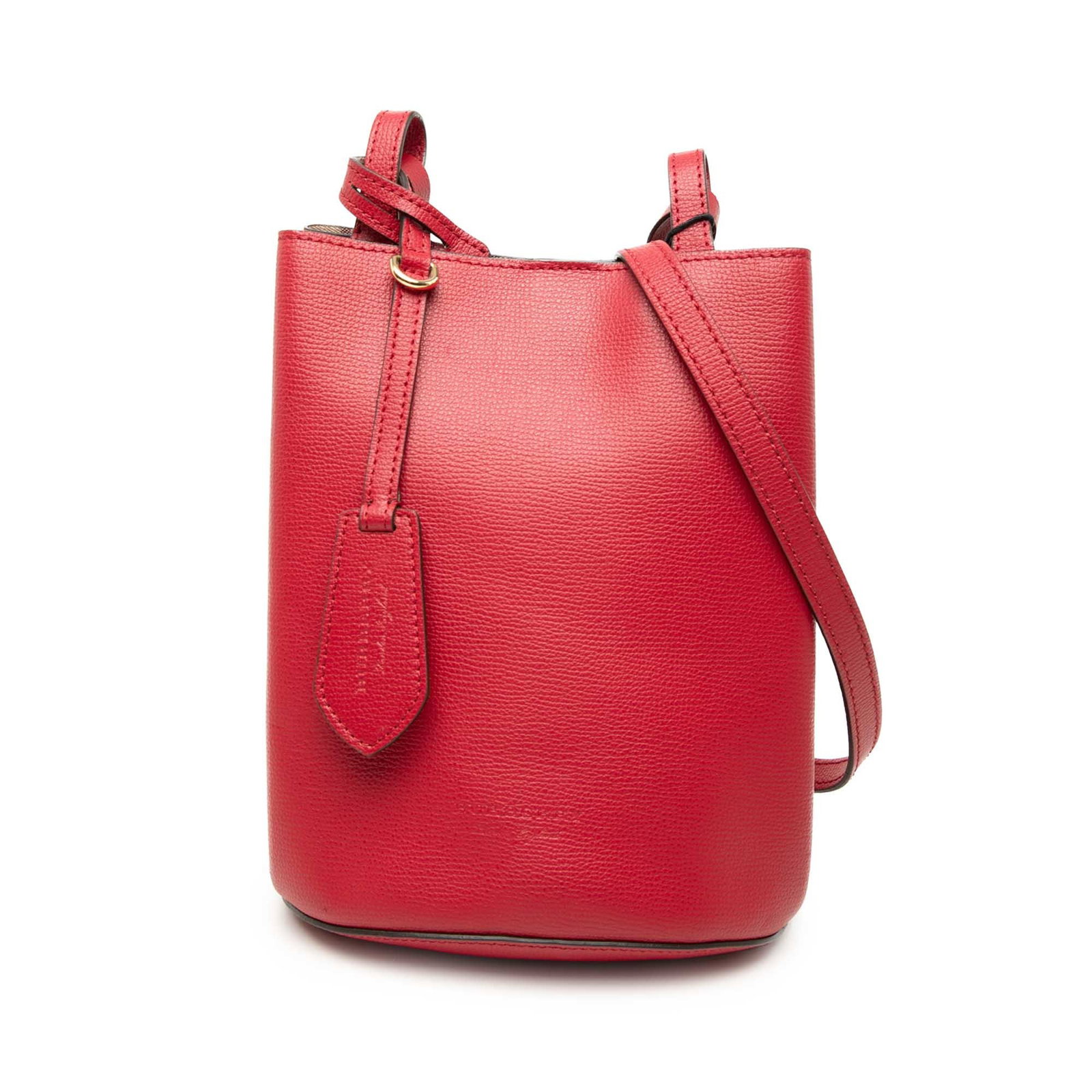 Burberry Lorne Bucket Bag Grained Calfskin Leather Red: Burberry Lorne Bucket Bag Grained Calfskin Leather Red Burberry Grained Calfskin Lorne Bucket Bag in red leather, made in Italy. It features a leather body, an adjustable flat leather shoulder strap, 