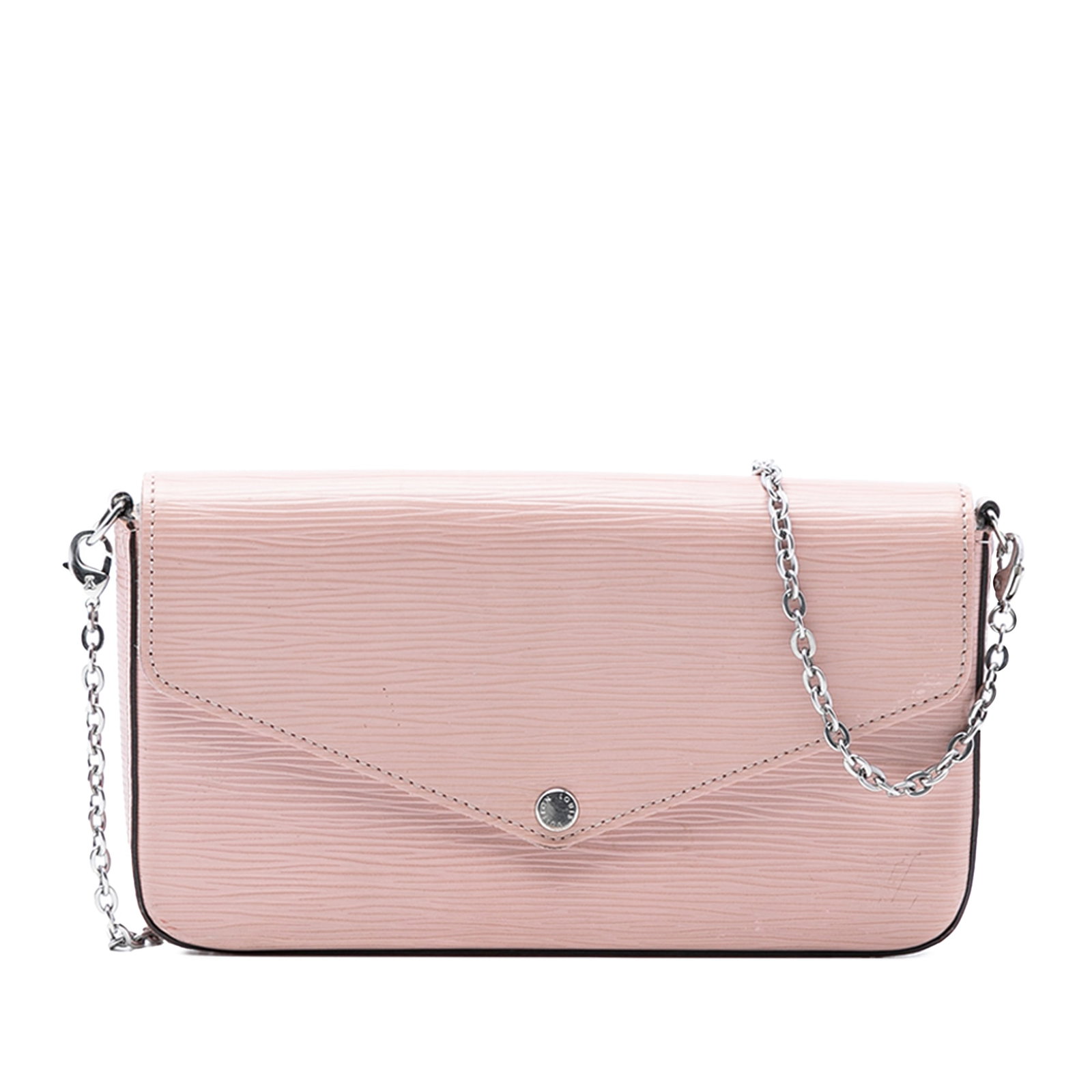 Louis Vuitton Pink Epi Leather Pochette Felicie Bag with Detachable Chain Strap: Louis Vuitton Pink Epi Leather Pochette Felicie Bag with Detachable Chain Strap The Louis Vuitton Epi Pochette Felicie features a pink epi leather body with a detachable chain strap and a flap secured
