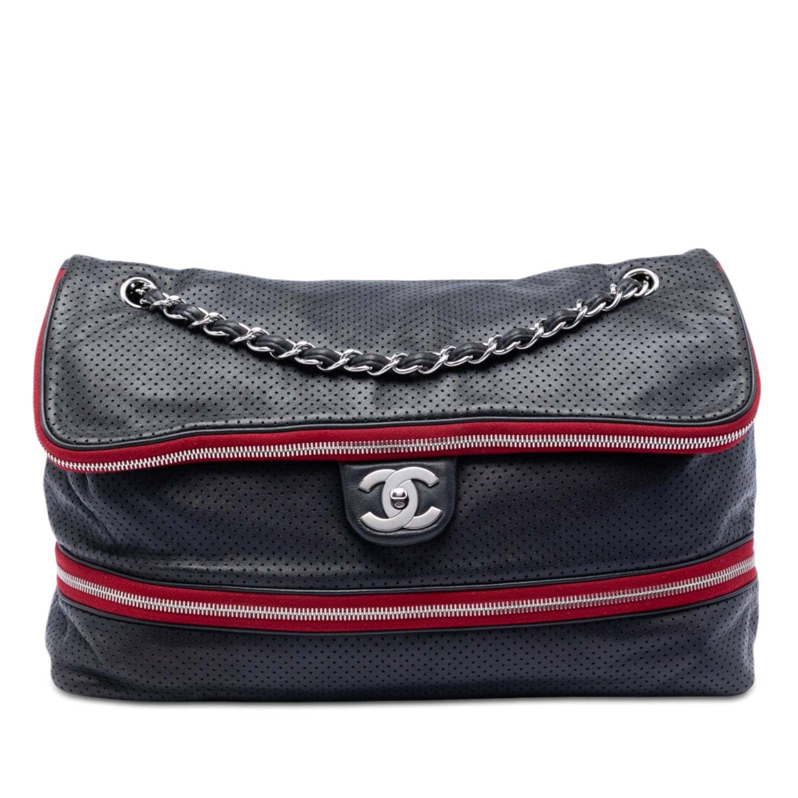 Chanel Expandable Shoulder Bag in Blue Perforated Calfskin: Chanel Expandable Shoulder Bag in Blue Perforated Calfskin Perforated calfskin shoulder bag with a leather body, leather woven chain straps, a front flap with twist lock closure, and interior zip and 