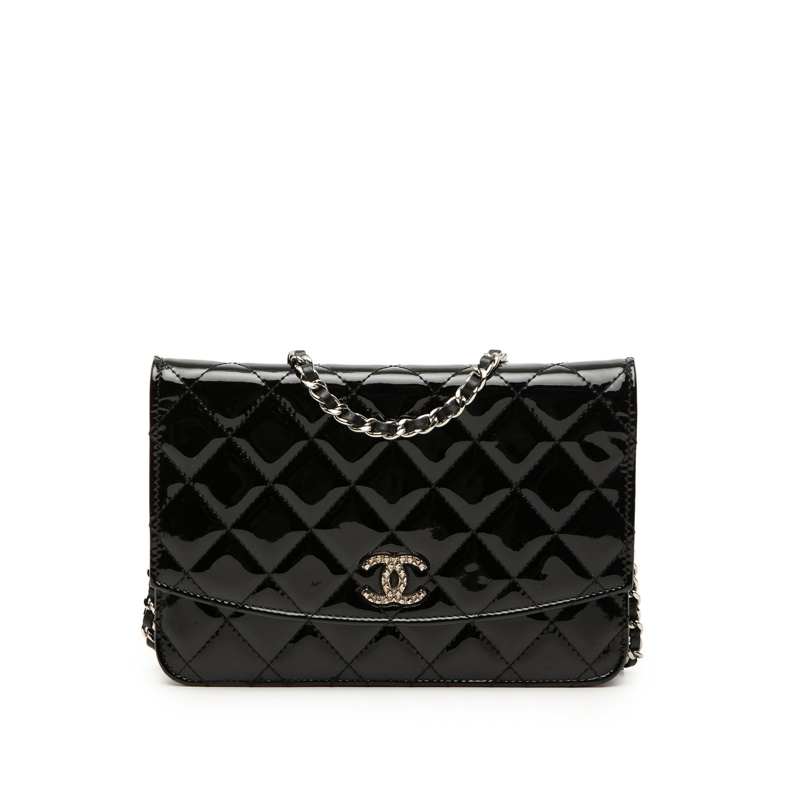 Chanel Brilliant Wallet On Chain Black Quilted Patent Leather Bag: Chanel Brilliant Wallet On Chain Black Quilted Patent Leather Bag Chanel CC Quilted Patent Brilliant Wallet On Chain in black, made with a quilted patent leather body and a leather-woven chain link st