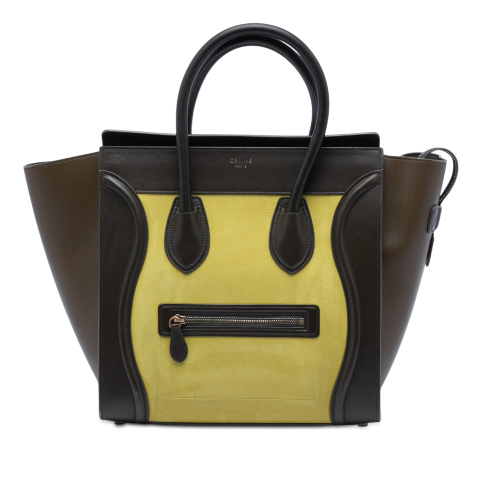 Celine Mini Luggage Tote Tricolor Nubuck and Calfskin Leather Handbag: Celine Mini Luggage Tote Tricolor Nubuck and Calfskin Leather Handbag This Celine Mini Tricolor Luggage Tote features a nubuck leather body with smooth calf leather trim, rolled leather handles, a top