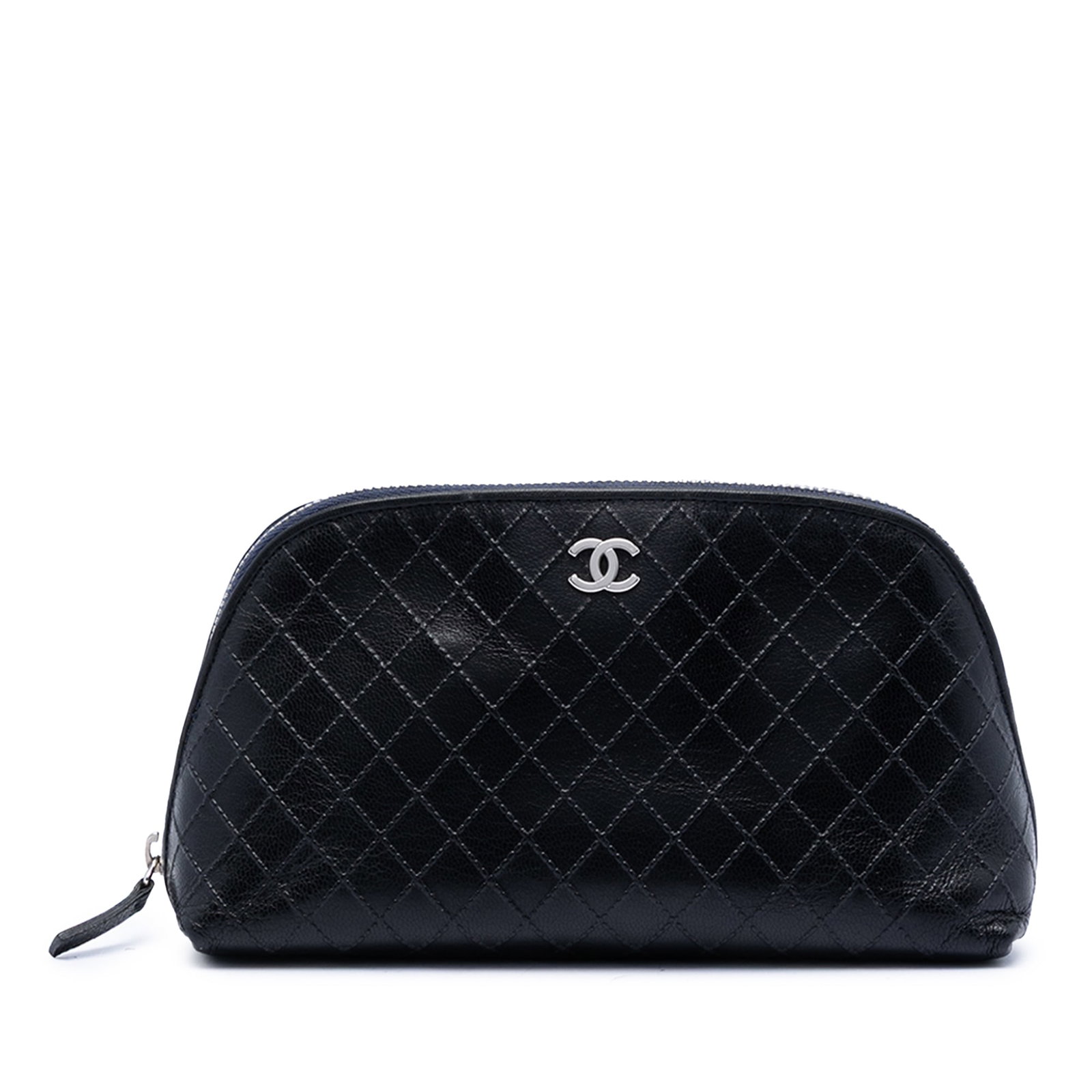 Chanel CC Calfskin Cosmetic Pouch with Diamond Embossing: Chanel CC Calfskin Cosmetic Pouch with Diamond Embossing Chanel CC Diamond Embossed Calfskin Cosmetic Pouch in black leather with an embossed leather body and top zip closure. Made in Italy, this SLG 