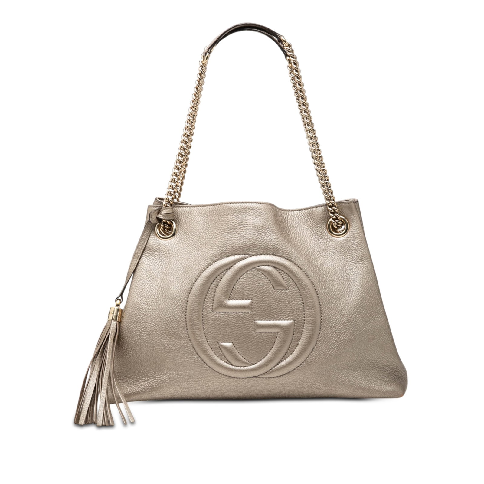 Gucci Soho Chain Tote Medium Metallic Calfskin Leather Bag: Gucci Soho Chain Tote Medium Metallic Calfskin Leather Bag Gucci Medium Metallic Calfskin Soho Chain Tote in gold leather with chain link straps and leather guards. It features an open top with lobste