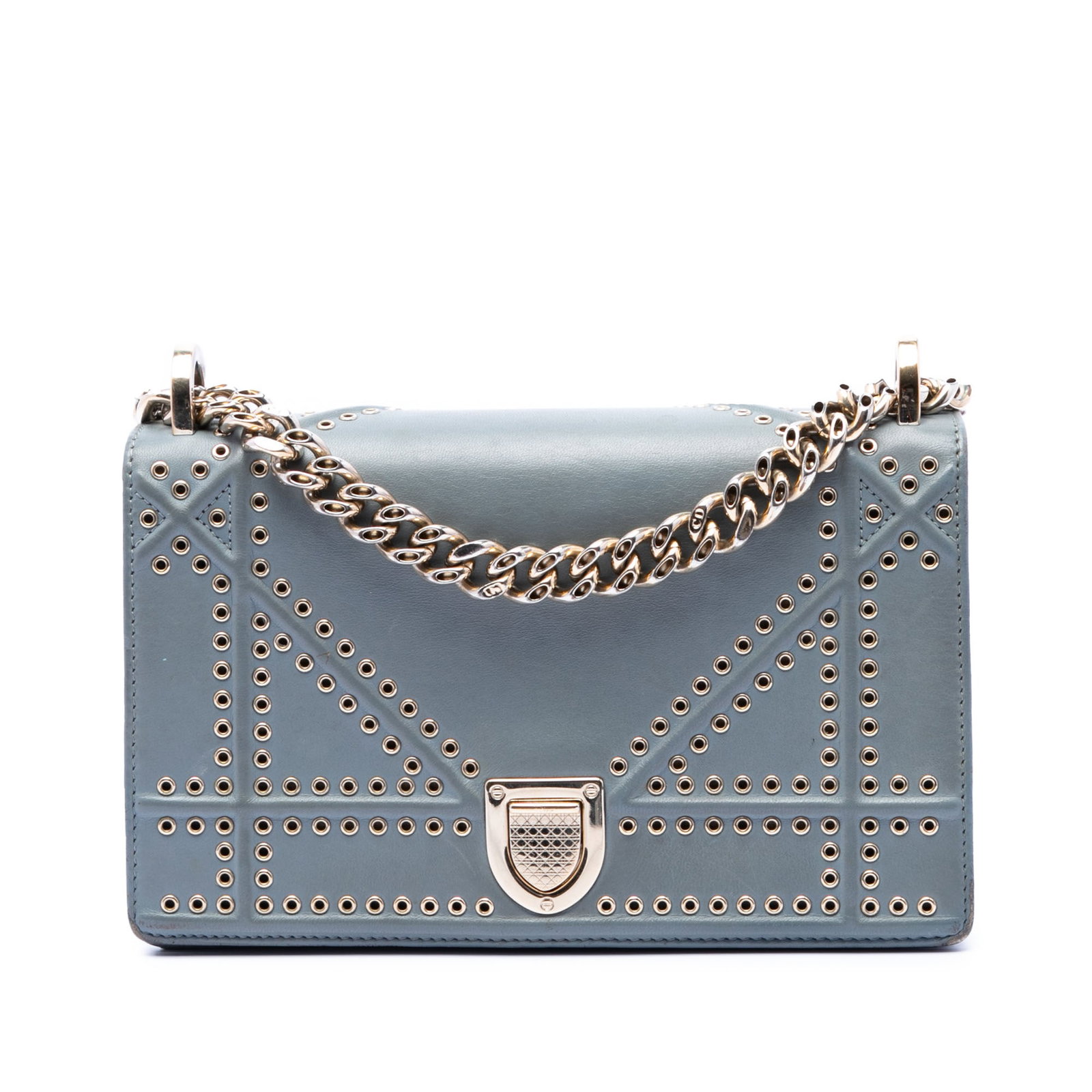 Dior Small Studded Calfskin Blue Crossbody Bag: Dior Small Studded Calfskin Blue Crossbody Bag This Dior Small Studded Calfskin Diorama Crossbody bag is crafted from studded leather in blue and features a chain-link shoulder strap with a leather gu