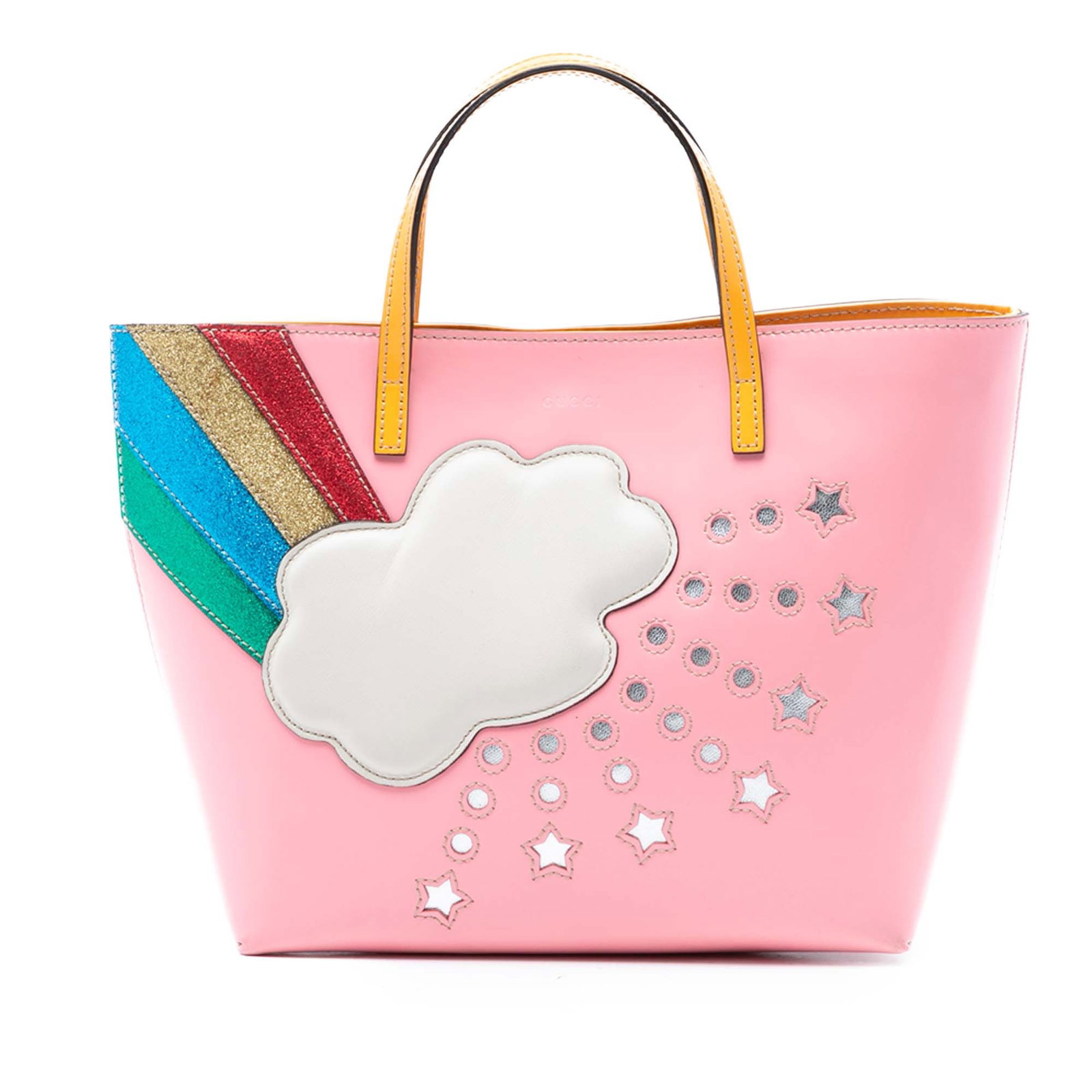 Gucci pink leather cloud tote bag: Gucci pink leather cloud tote bag This Gucci Childrens Leather Rainbow Cloud Tote is crafted from pink leather and features flat leather straps, an open top with a magnetic snap button closure, and an