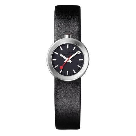 Mondaine Aura 22mm Swiss Quartz Ladies Watch Black Dial Leather Strap A666.30324.14SBB: Mondaine Aura 22mm Swiss Quartz Ladies Watch Black Dial Leather Strap A666.30324.14SBB Introducing the Mondaine Aura ladies' wristwatch, a perfect blend of elegance and functionality. This timepiece f