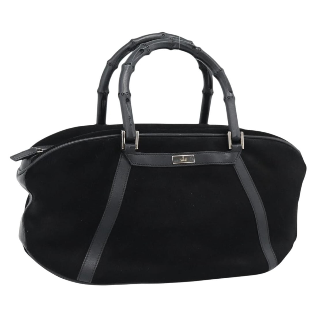 Gucci Bamboo Suede Handbag Black Silver 002 1084 200047: Gucci Bamboo Suede Handbag Black Silver 002 1084 200047 A Gucci bamboo hand bag in black and silver suede, made in Italy. This women's hand bag features a handle drop of approximately 4.3 inches (11 c