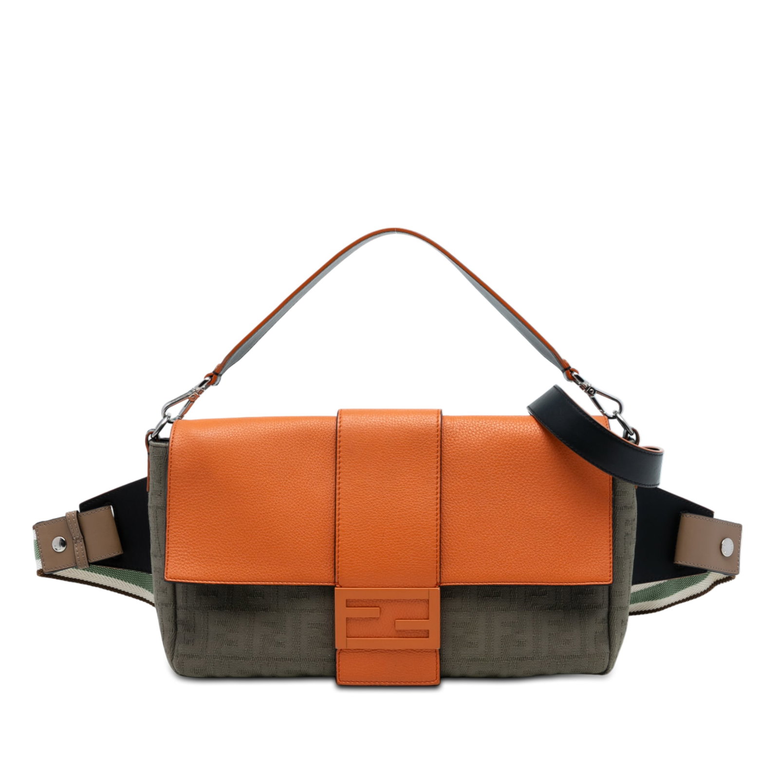 Fendi Zucca Convertible Canvas Belt Bag with Leather Trim and Detachable Straps: Fendi Zucca Convertible Canvas Belt Bag with Leather Trim and Detachable Straps The Fendi Large Zucca Canvas and Leather Convertible Belt Baguette showcases a brown canvas body with leather accents. T