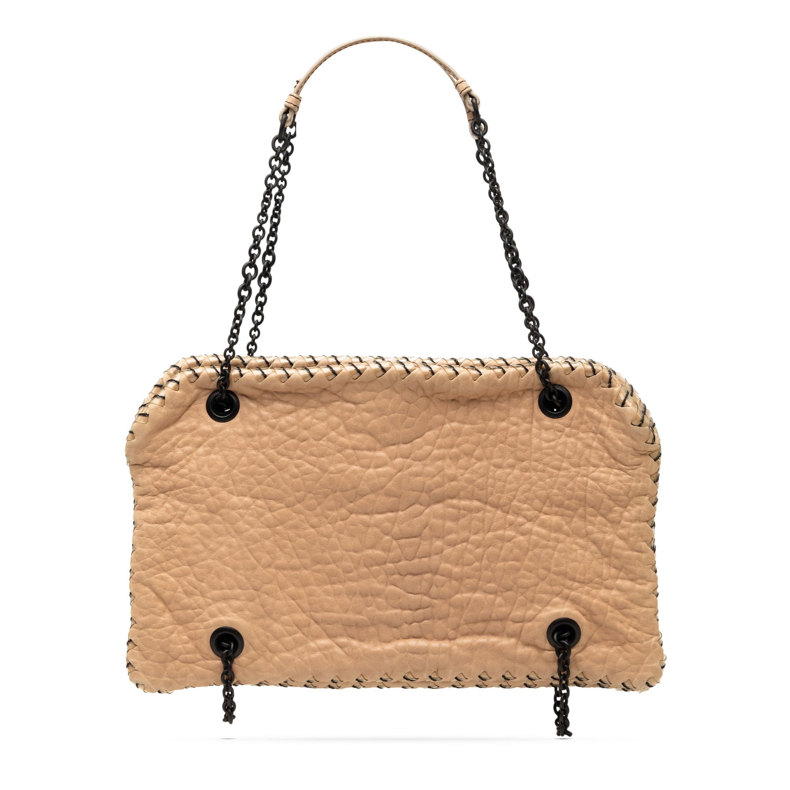 Bottega Veneta Duo Shoulder Bag in Beige Textured Leather: Bottega Veneta Duo Shoulder Bag in Beige Textured Leather Textured leather shoulder bag with whipstitch detailing, featuring chain link straps with leather guards and an open top with magnetic closure