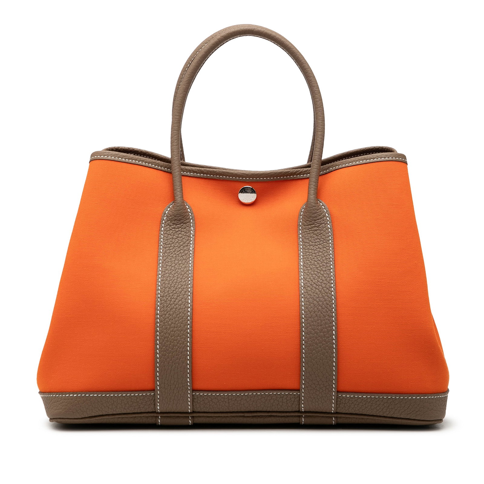 Hermes Garden Party 30 Toile Negonda Tote Bag: Hermes Garden Party 30 Toile Negonda Tote Bag Hermes Garden Party 30 tote in orange, featuring a canvas body with Negonda leather trim, rolled leather handles, and an open top with snap button closure