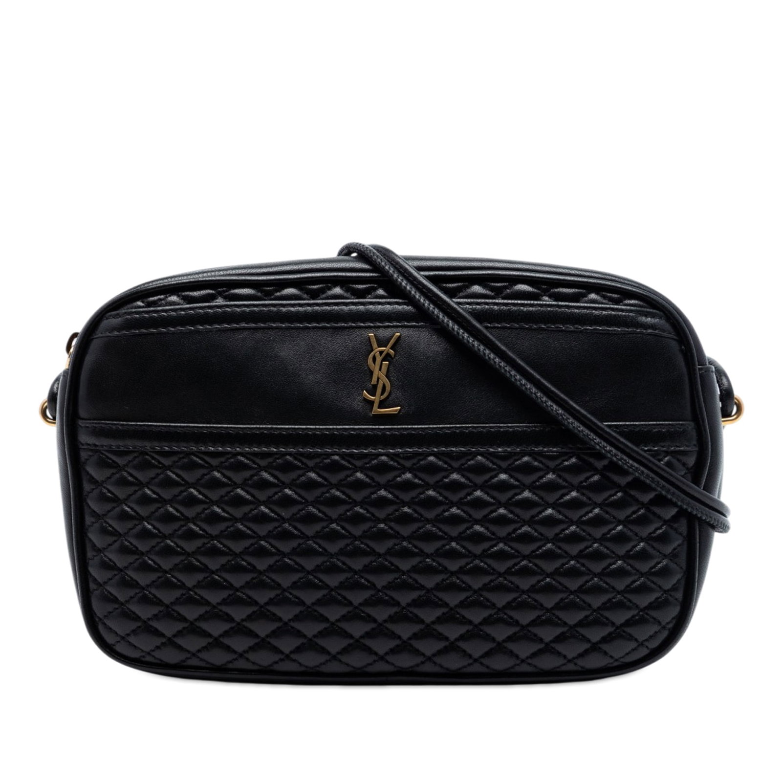 Saint Laurent Victoire Camera Bag in Black Quilted Lambskin: Saint Laurent Victoire Camera Bag in Black Quilted Lambskin Saint Laurent Victoire camera bag crafted in black quilted lambskin leather. This bag features rolled leather straps, a top zip closure, and