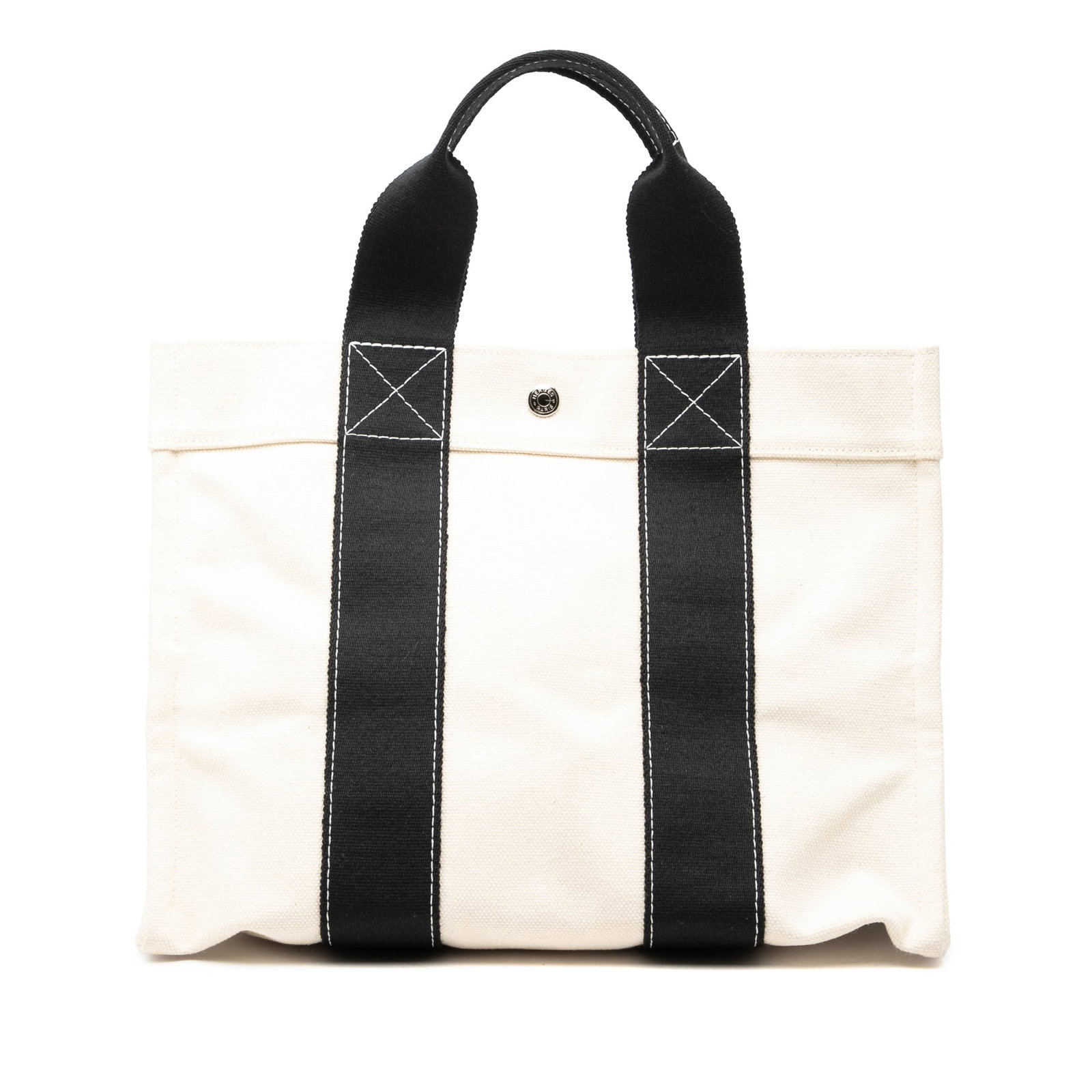 Hermes Bora Bora PM Canvas Tote Bag White: Hermes Bora Bora PM Canvas Tote Bag White Hermes Toile Bora Bora PM Tote bag in white, made with a canvas body and fabric material. It features flat handles, an open top with snap button closure, and 