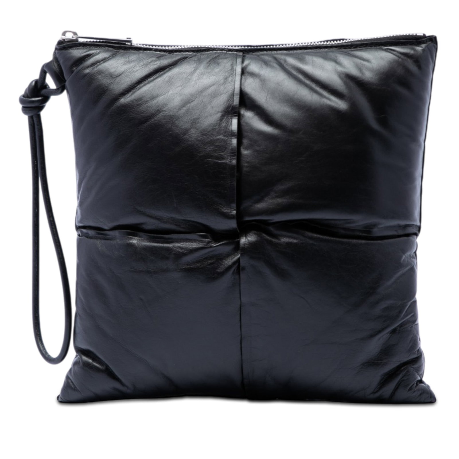 Black Leather Wristlet Clutch Bottega Veneta Nappa Intrecciato Pouch: Black Leather Wristlet Clutch Bottega Veneta Nappa Intrecciato Pouch Bottega Veneta Nappa Intrecciato Padded Square Wristlet Pouch clutch bag in black leather, made in Italy. It features a leather bod