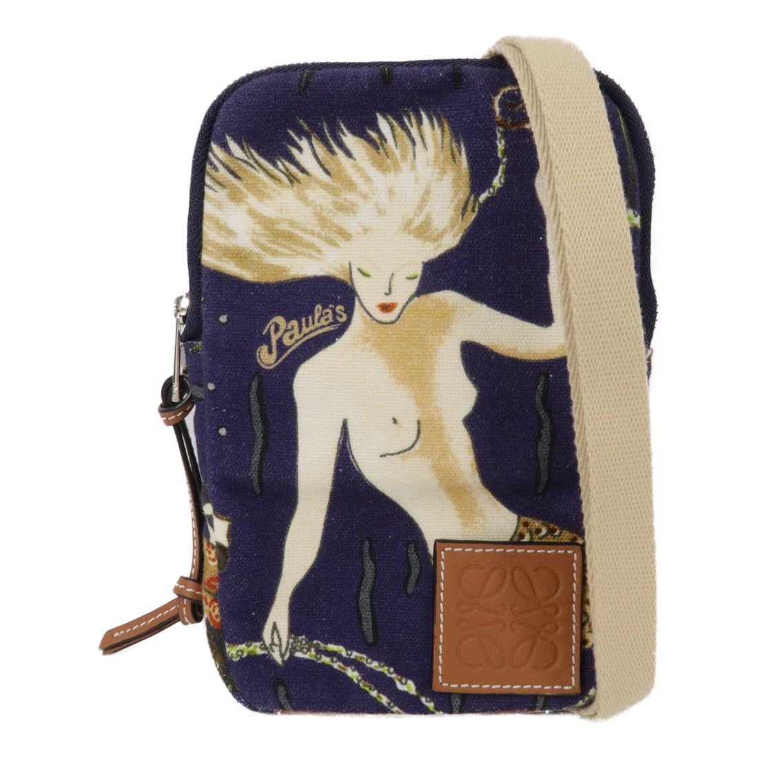 LOEWE Paula's Ibiza blue canvas shoulder bag with strap: LOEWE Paula's Ibiza blue canvas shoulder bag with strap LOEWE Paula's Ibiza shoulder bag in blue canvas with a shoulder strap and storage bag included. The bag features an inside open pocket and card 