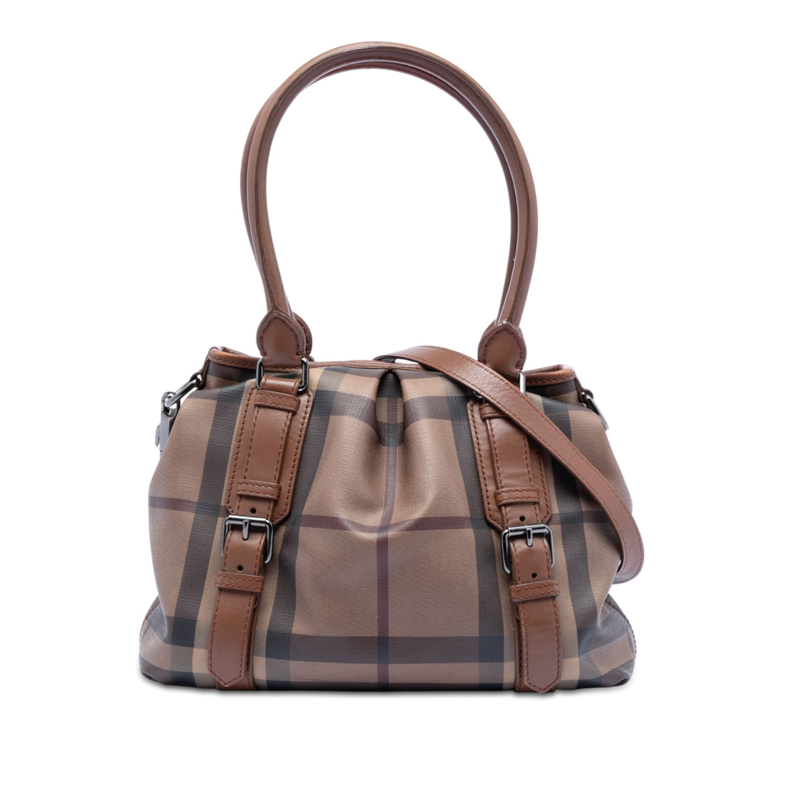 Burberry Northfield Satchel in Plaid Coated Canvas with Leather Trim: Burberry Northfield Satchel in Plaid Coated Canvas with Leather Trim This Burberry Northfield satchel features the signature Smoke Check plaid coated canvas with leather trim and buckle accents. It is