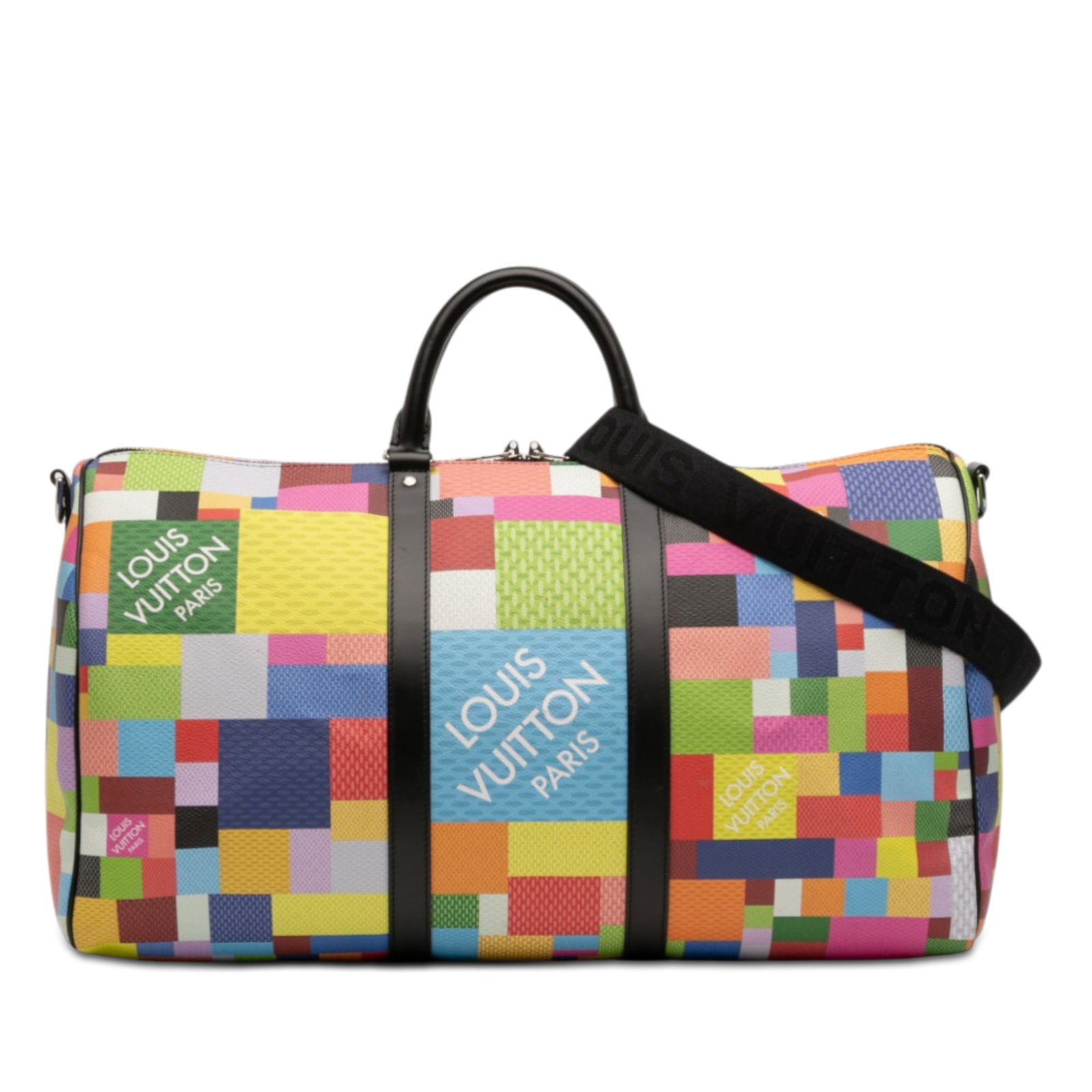Louis Vuitton Keepall Bandouliere 50 Multicolor Damier Graphite Travel Bag: Louis Vuitton Keepall Bandouliere 50 Multicolor Damier Graphite Travel Bag The Louis Vuitton Multicolor Damier Graphite 3D Keepall Bandouliere 50 is a spacious travel bag featuring a multicolor Damier