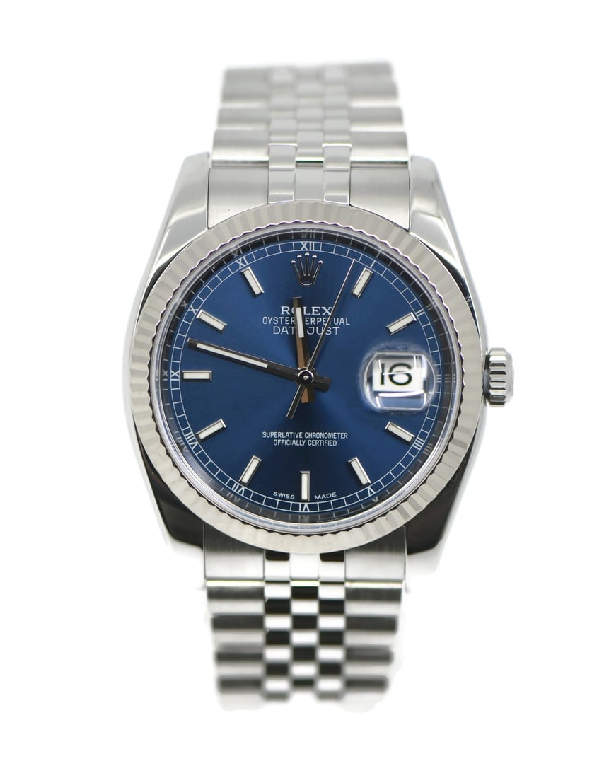 Rolex 116234 Datejust 36mm blue dial stainless steel wristwatch: Rolex 116234 Datejust 36mm blue dial stainless steel wristwatch Pre-owned Rolex Datejust unisex adults wristwatch with a 36 mm stainless steel case, stainless steel band, and blue dial. It features a 