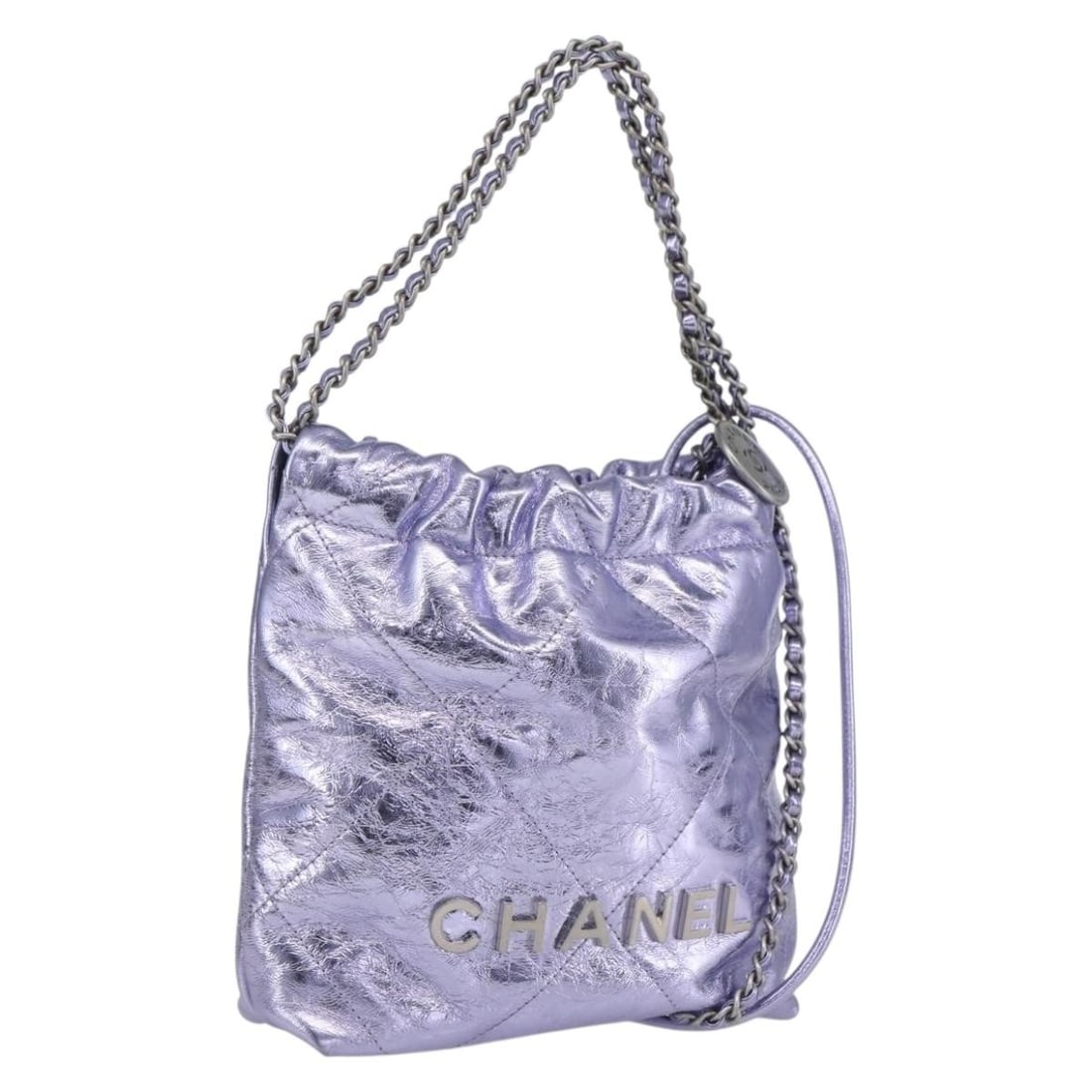 CHANEL 22 Mini Purple Leather 2way Hand Bag with Chain: CHANEL 22 Mini Purple Leather 2way Hand Bag with Chain Purple leather Chanel 22 Mini 2-way handbag with chain strap and top handle. Made in Italy, this women's handbag includes a dust bag. Condition i