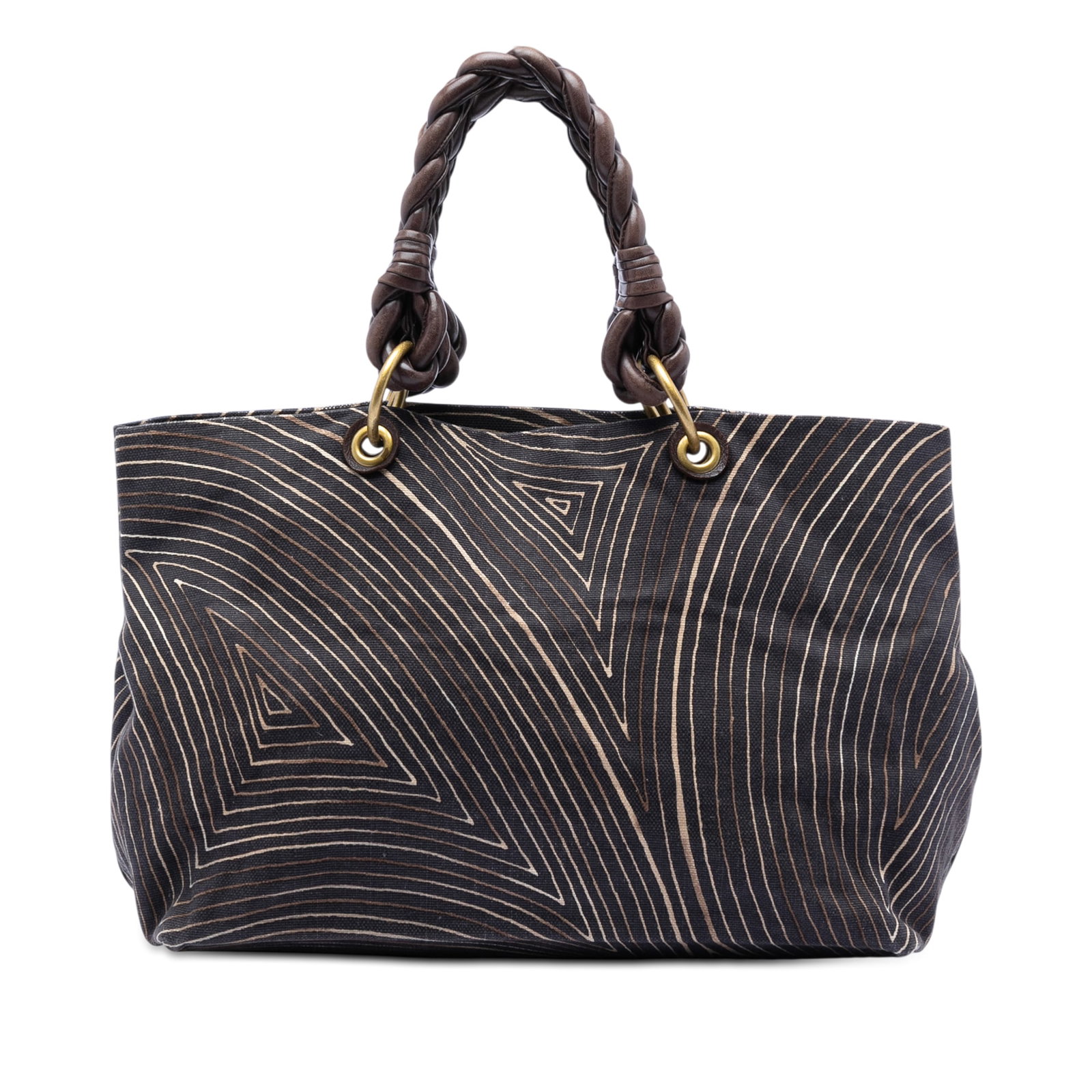 Printed Canvas Cabat Tote Bag by Bottega Veneta with Braided Handles: Printed Canvas Cabat Tote Bag by Bottega Veneta with Braided Handles This Bottega Veneta Printed Canvas Cabat Tote features a printed canvas exterior with braided handles and an open top design. The t