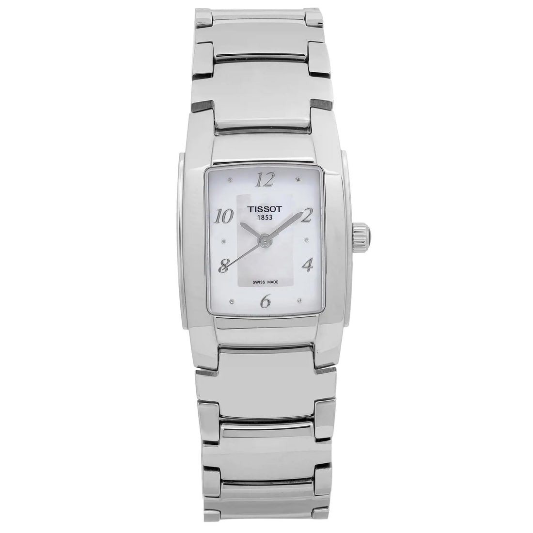 Tissot T-10 Ladies Quartz Watch 25.5mm Mother of Pearl Dial Stainless Steel: Tissot T-10 Ladies Quartz Watch 25.5mm Mother of Pearl Dial Stainless Steel The Tissot T-10 is a stylish ladies' wristwatch designed for dress and formal occasions. It features a stunning white Mother
