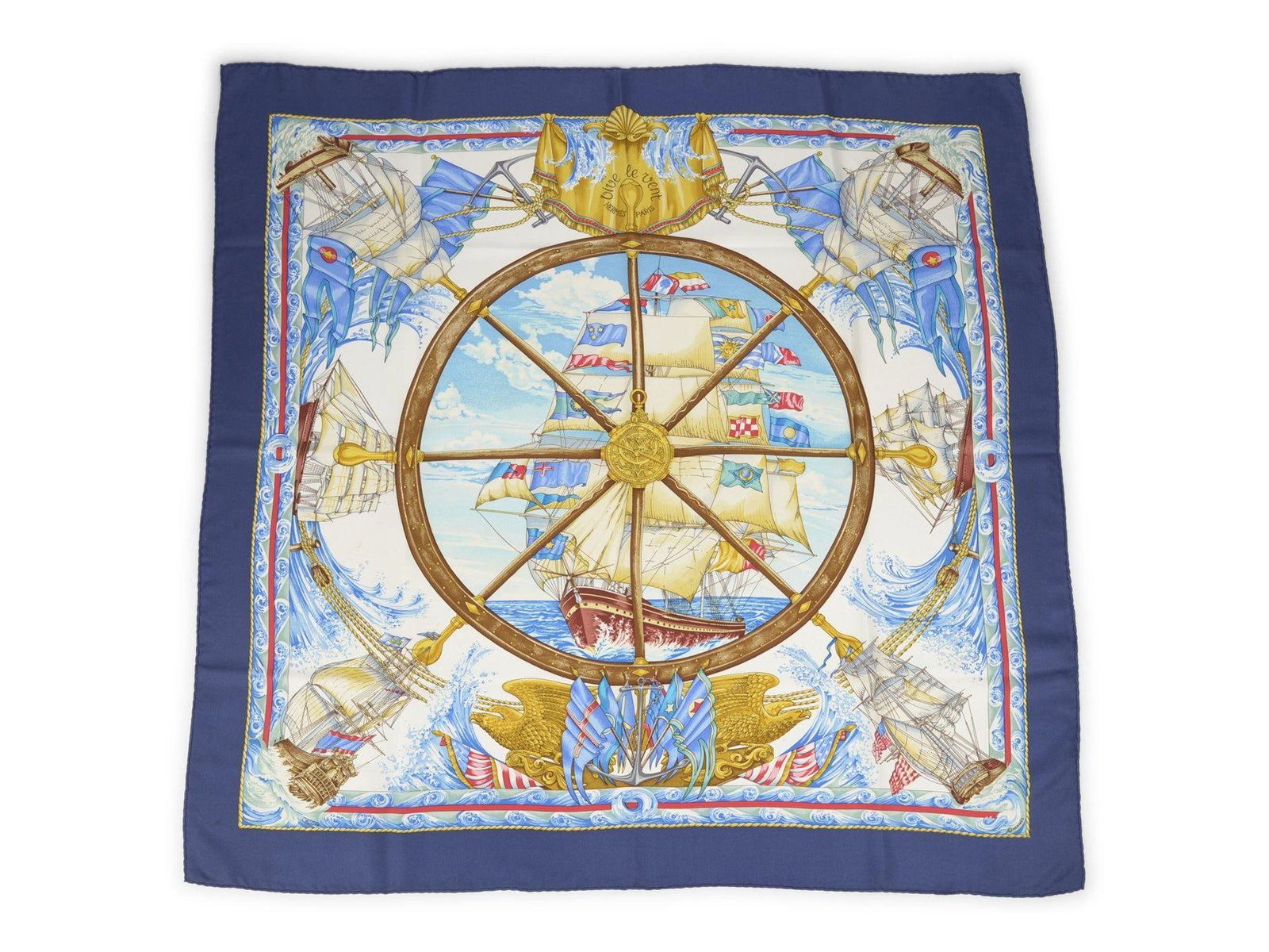 Hermes Vive le Vent Nautical Silk Square Scarf by Laurence Bourthoumieux: Hermes Vive le Vent Nautical Silk Square Scarf by Laurence Bourthoumieux The Hermes "Vive le Vent" scarf is crafted from 100% silk and features hand rolled edges. Showcasing a nautical-themed design b