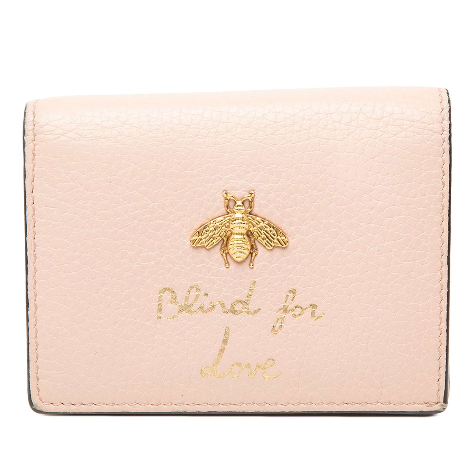 Gucci Blind for Love Pink Leather Bifold Snap Wallet: Gucci Blind for Love Pink Leather Bifold Snap Wallet Gucci Calfskin Blind for Love Compact Wallet in pink leather with a bifold design, snap button closure, and interior zip and slip compartments. Mad