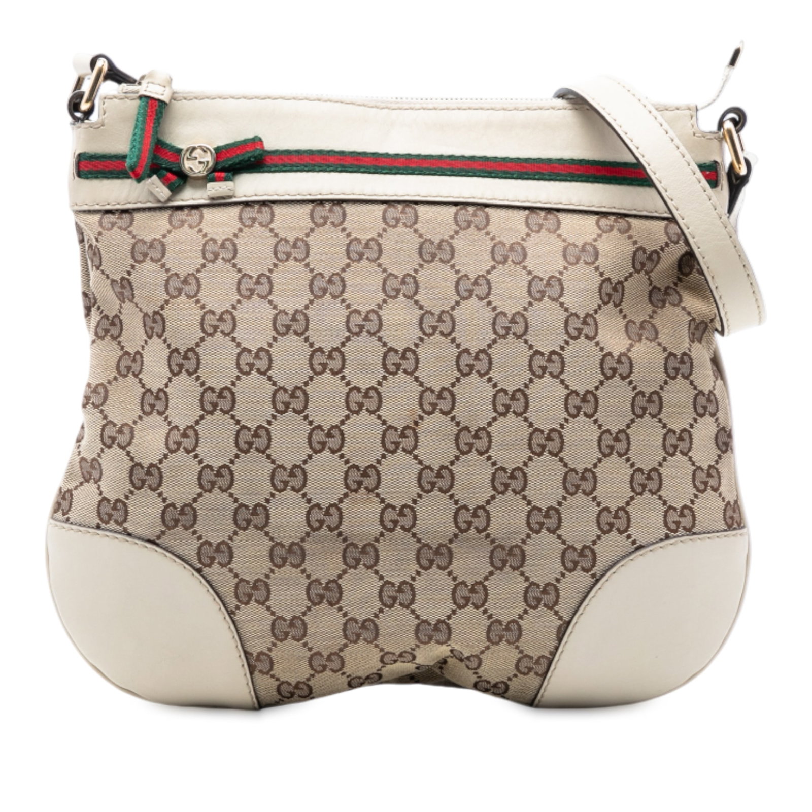 Gucci Mayfair Brown Canvas Crossbody Bag with Web Ribbon Detail: Gucci Mayfair Brown Canvas Crossbody Bag with Web Ribbon Detail This Gucci GG Canvas Web Mayfair Crossbody bag features a canvas body with leather trim, an adjustable flat leather strap, ribbon detail