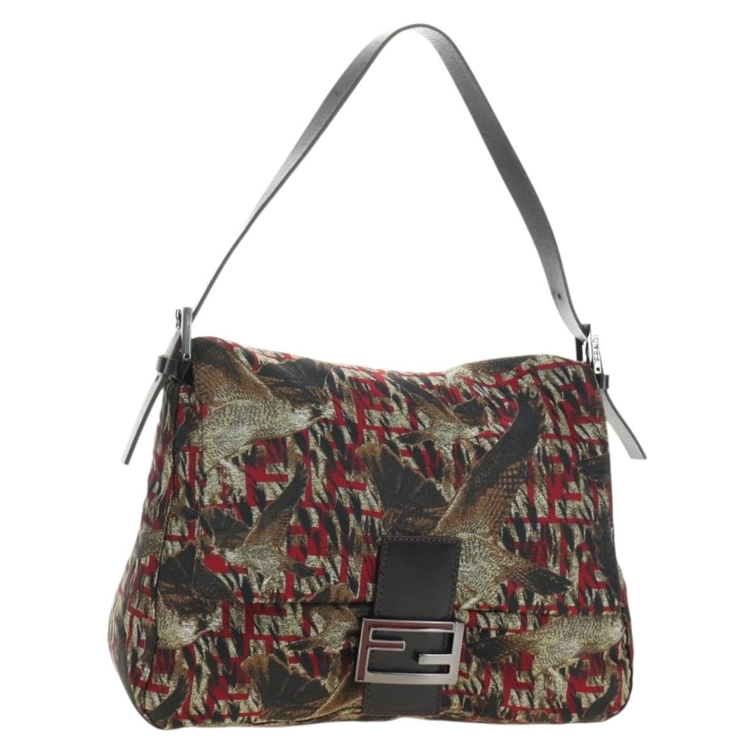 FENDI Mamma Baguette Shoulder Bag in Red Zucca Canvas: FENDI Mamma Baguette Shoulder Bag in Red Zucca Canvas Fendi Mamma Baguette shoulder bag in red and silver Zucca canvas. Made in Italy, this women's shoulder bag includes a dust bag and shows reasonabl