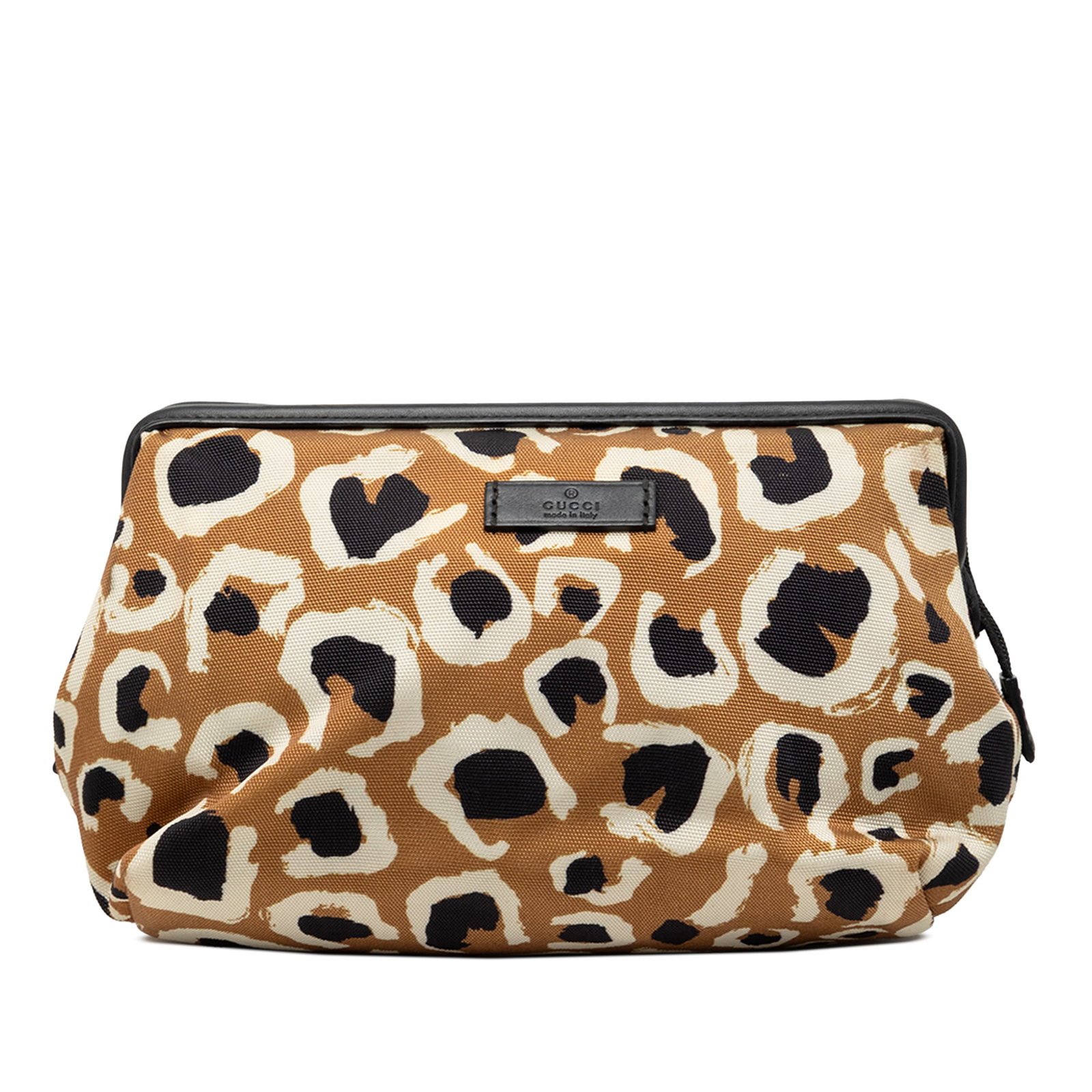 Gucci Leopard Print Zip Pouch in Canvas with Leather Trim: Gucci Leopard Print Zip Pouch in Canvas with Leather Trim Leopard print canvas pouch with leather trim, a top zip closure, and an interior slip pocket. It is made in Italy and presented in brown. Cond