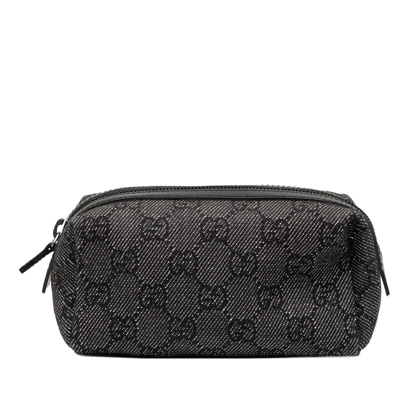Gucci GG Denim Makeup Bag with Leather Trim and Zip Top: Gucci GG Denim Makeup Bag with Leather Trim and Zip Top This Gucci GG Denim Cosmetic Pouch features a durable denim body with leather trim and a top zip closure. The pouch is gray in color and designe