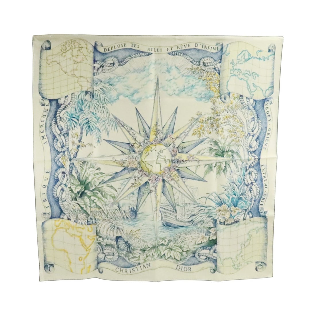 Dior CD Silk Scarf 90cm x 90cm Blue White with Box: Dior CD Silk Scarf 90cm x 90cm Blue White with Box A Dior silk scarf in blue and white multicolor, styled for women and presented in regular size. It measures 90 cm x 90 cm and is made in France. The 