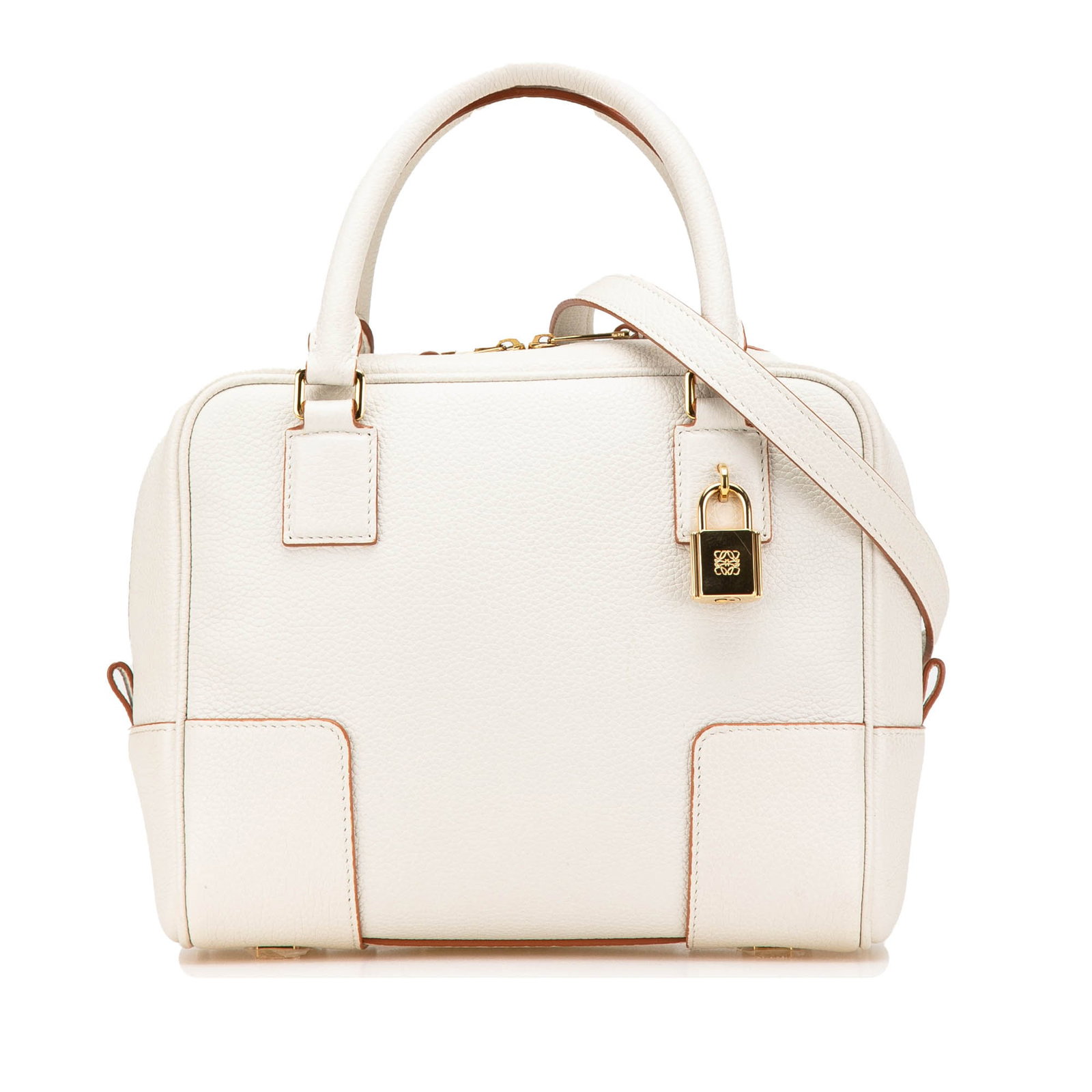 LOEWE Leather Amazona Square 19 White Satchel Bag: LOEWE Leather Amazona Square 19 White Satchel Bag Introducing the LOEWE Leather Amazona Square 19, an elegant satchel crafted from high-quality leather. This stylish bag features rolled leather handle