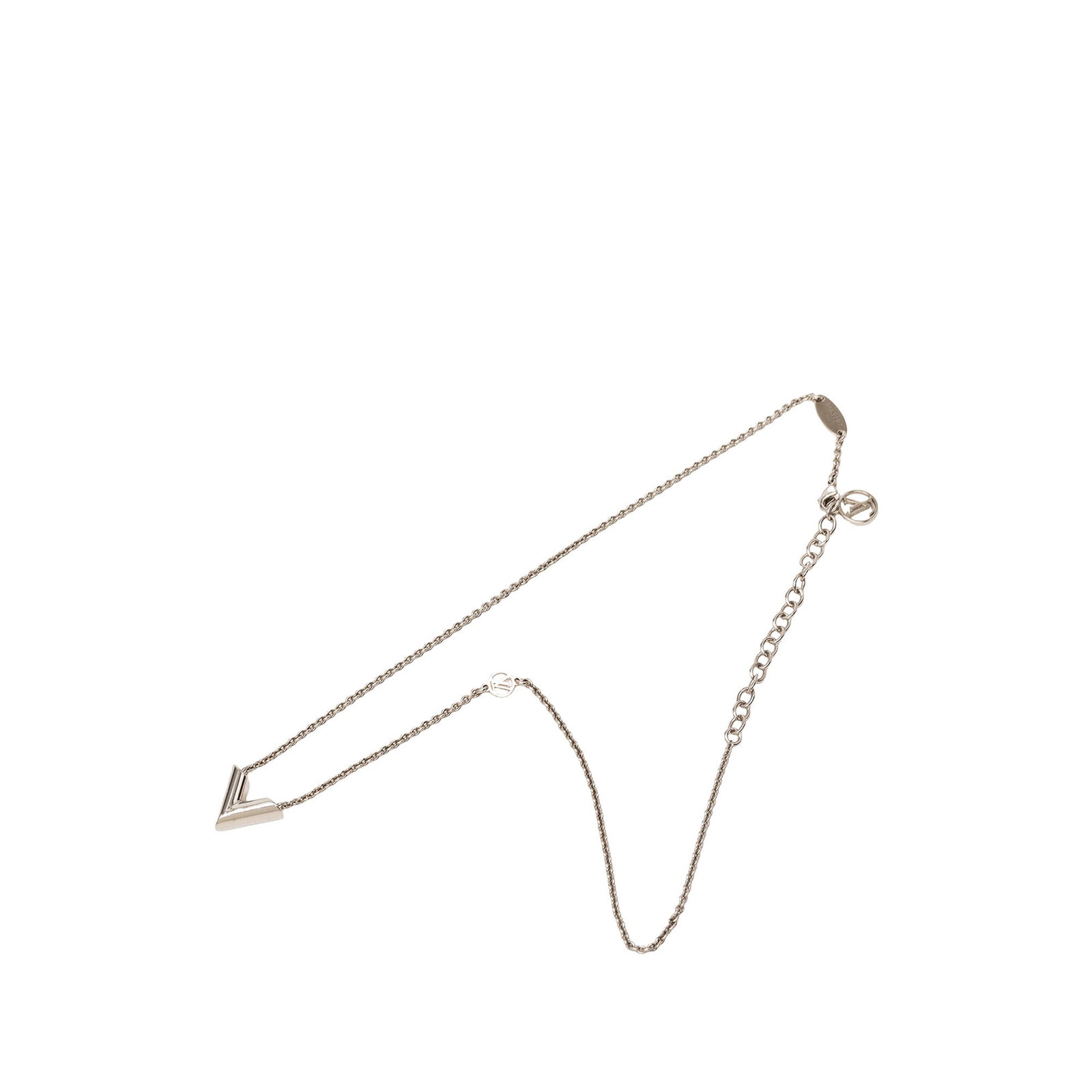 Louis Vuitton Essential V Supple silver tone necklace: Louis Vuitton Essential V Supple silver tone necklace Louis Vuitton Essential V Supple Necklace with a silver tone chain and V pendant. This costume jewelry piece is made of metal and features a lobst