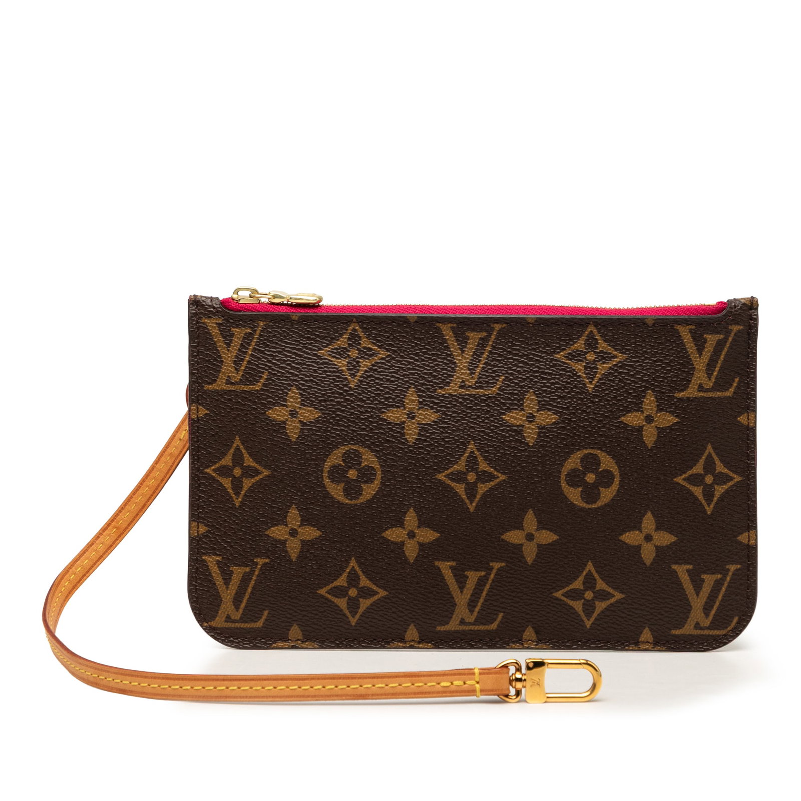 Louis Vuitton Neverfull PM Monogram Pochette Wristlet Pouch: Louis Vuitton Neverfull PM Monogram Pochette Wristlet Pouch Louis Vuitton Monogram Neverfull Pochette PM in brown monogram canvas with a flat vachetta leather wrist strap, top zip closure, and an inte