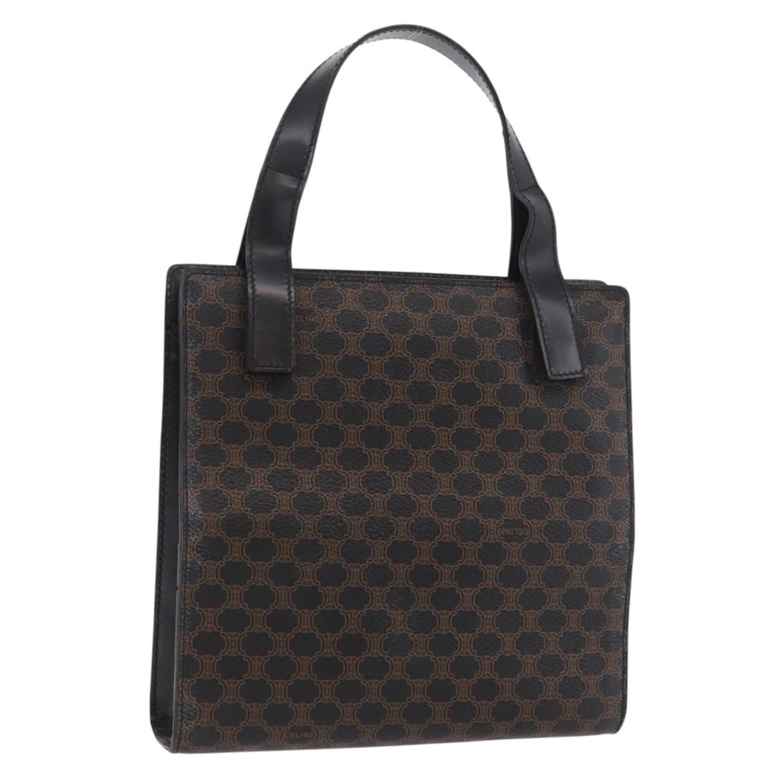 Celine Macadam PVC Leather Handbag Black Gold Tone Italy: Celine Macadam PVC Leather Handbag Black Gold Tone Italy Black and gold CELINE hand bag made from PVC leather and Macadam canvas. It measures approximately 20 cm W x 20 cm H x 5 cm D, with a handle dr