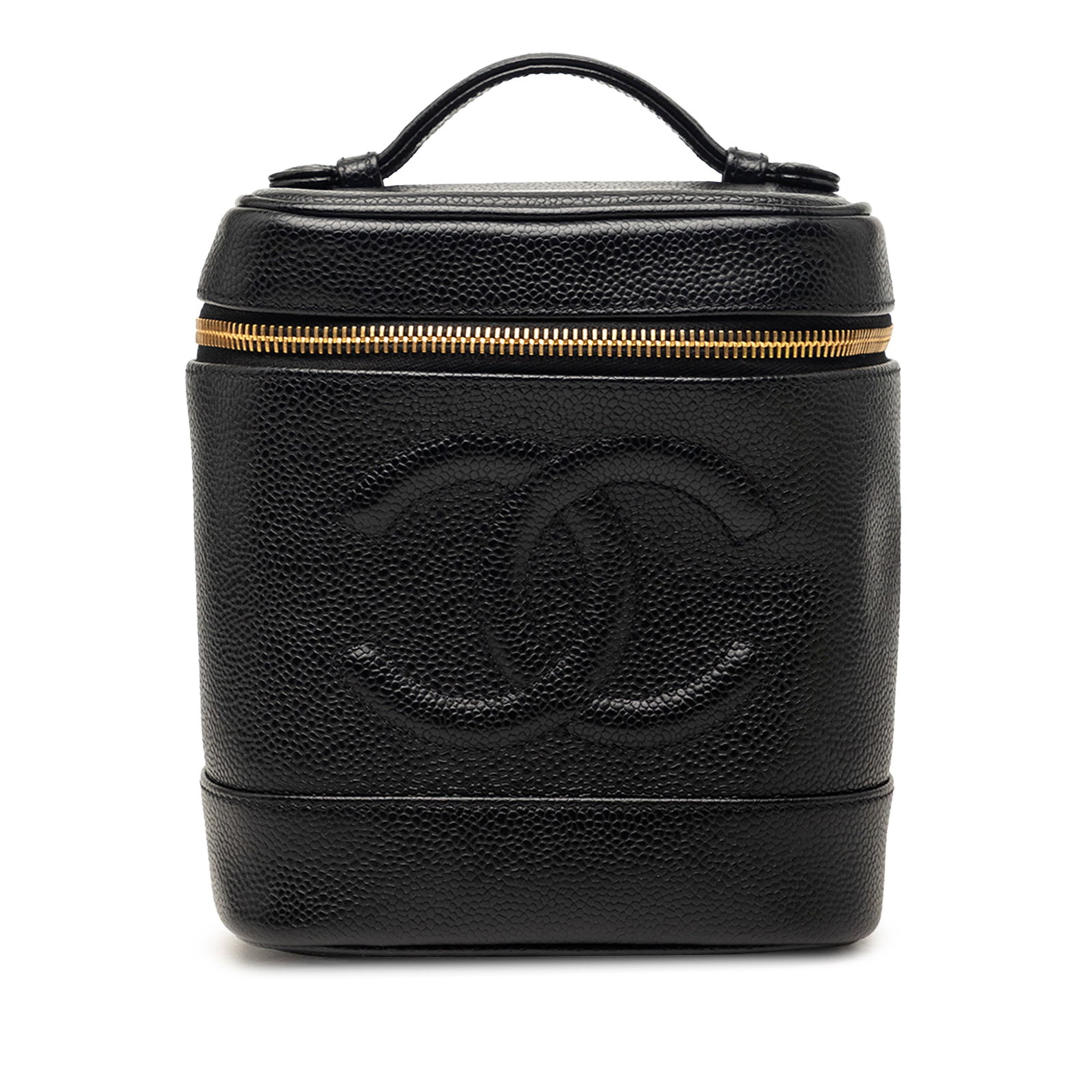 Chanel black caviar leather vanity bag: Chanel black caviar leather vanity bag This Chanel CC Caviar Vanity Bag is crafted from durable caviar leather in black and features a flat leather top handle, a zip-around closure, and an interior sl