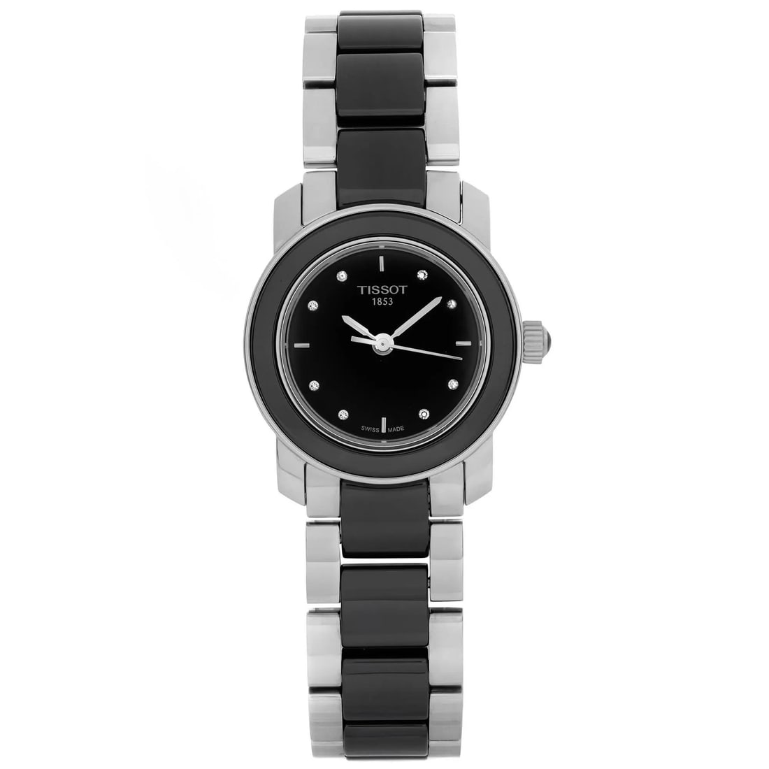 Tissot T-Trend 28mm Quartz Watch Black Dial Diamond Bezel T0642102205600: Tissot T-Trend 28mm Quartz Watch Black Dial Diamond Bezel T0642102205600 This elegant Tissot T-Trend wristwatch combines sophisticated design with practical features. The timepiece features a striking