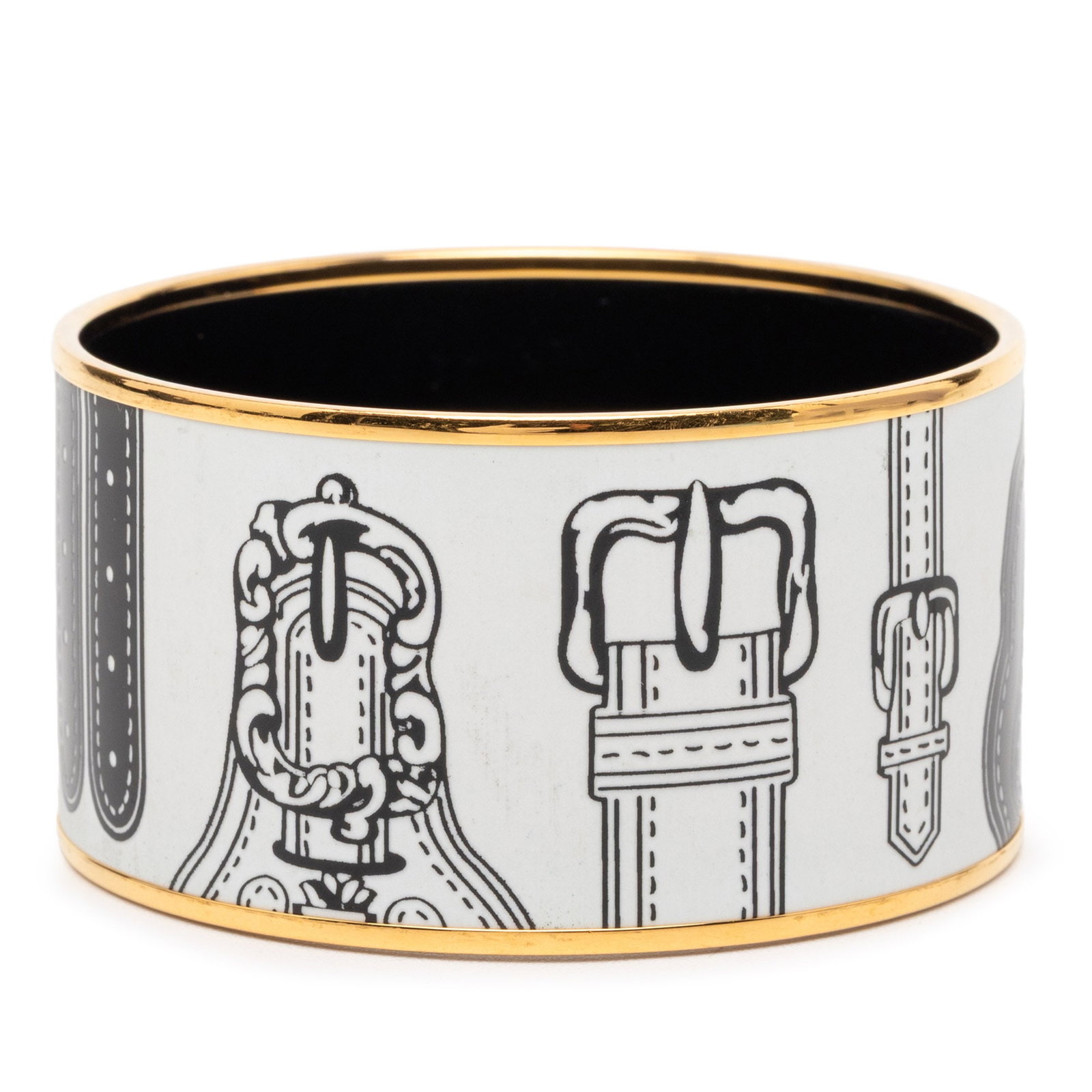 Hermes Harnais des Presidents enamel gold plated bangle 65: Hermes Harnais des Presidents enamel gold plated bangle 65 This Hermes Extra Wide Harnais des Presidents Enamel Bangle 65 showcases a striking enamel and gold-plated metal design. Originating from Fra