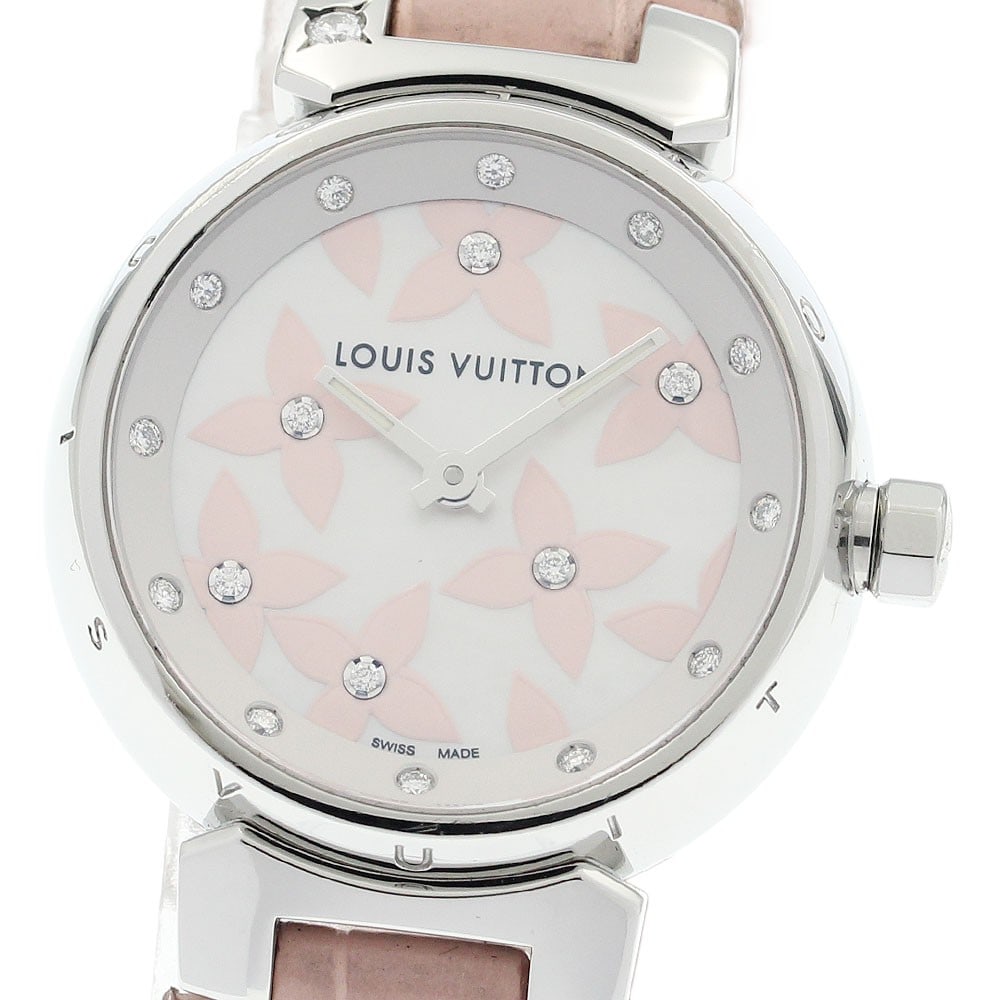 Louis Vuitton Tambour Lovely Diamond quartz ladies wristwatch Q121H: Louis Vuitton Tambour Lovely Diamond quartz ladies wristwatch Q121H This pre-owned Louis Vuitton Tambour Lovely Diamond Q121H women's wristwatch features a stainless steel case and a white shell dial.