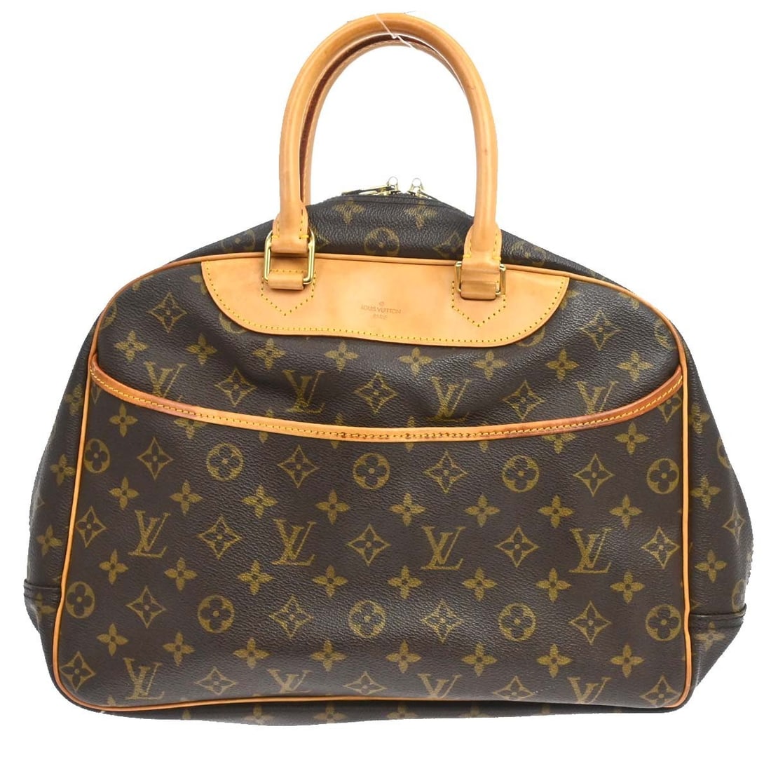 Louis Vuitton Deauville Monogram Canvas Vanity Handbag M47270: Louis Vuitton Deauville Monogram Canvas Vanity Handbag M47270 Vintage Louis Vuitton Deauville Bowling Vanity handbag in brown monogram canvas and leather with double handles and a zip closure. This me