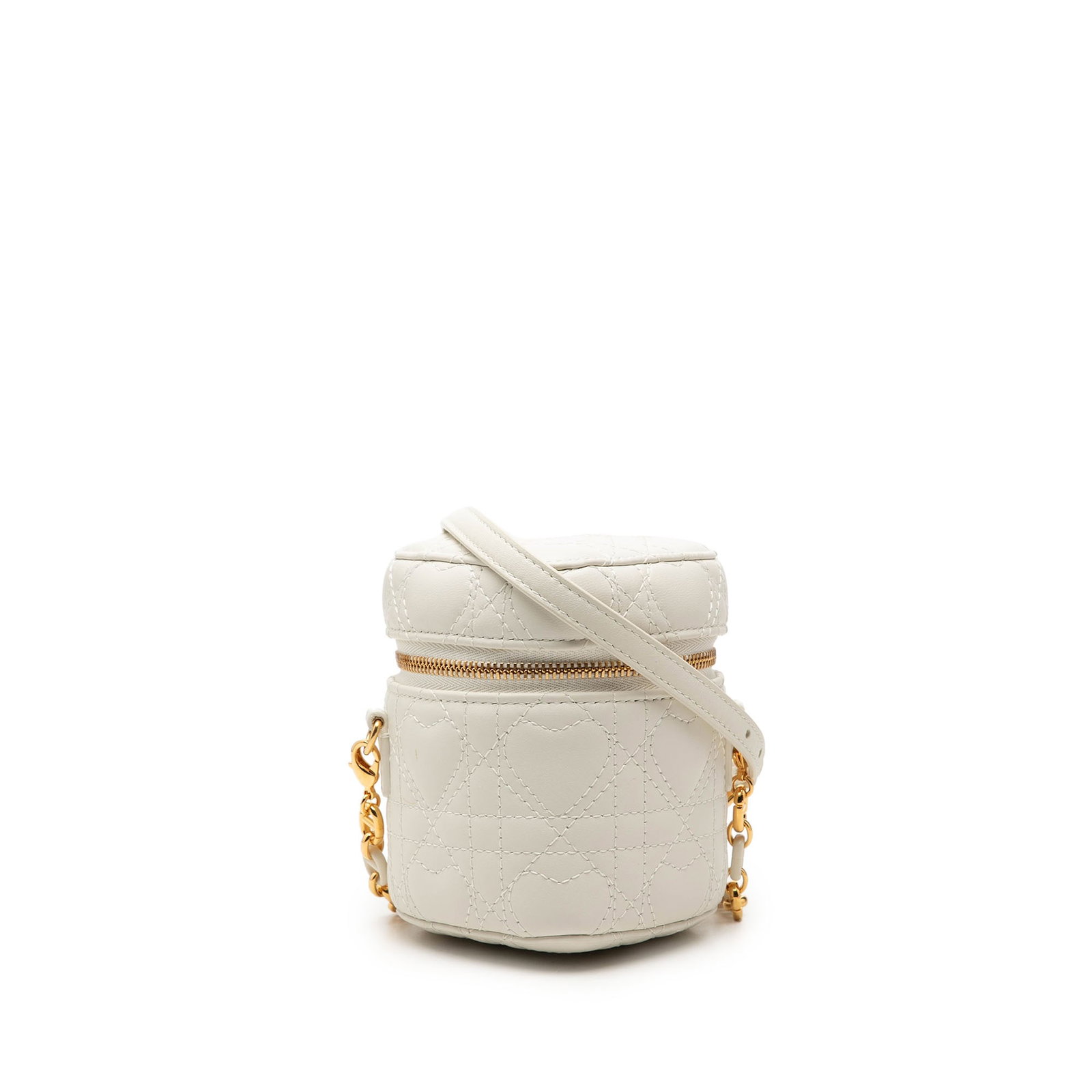 Dior DiorAmour Heart Vanity Case Micro White Lambskin Chain Bag: Dior DiorAmour Heart Vanity Case Micro White Lambskin Chain Bag This DiorAmour Micro Vanity Case is a crossbody bag in white quilted lambskin leather with Cannage detailing. It features a gold-tone an