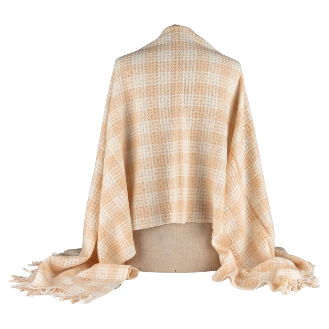 Chanel Checkers Cashmere Stole Scarf Peach Cream CC: Chanel Checkers Cashmere Stole Scarf Peach Cream CC Chanel cashmere stole with a checkerboard print and interlocking CC embellishment in a peach and cream color combination. Made in Italy, this piece 