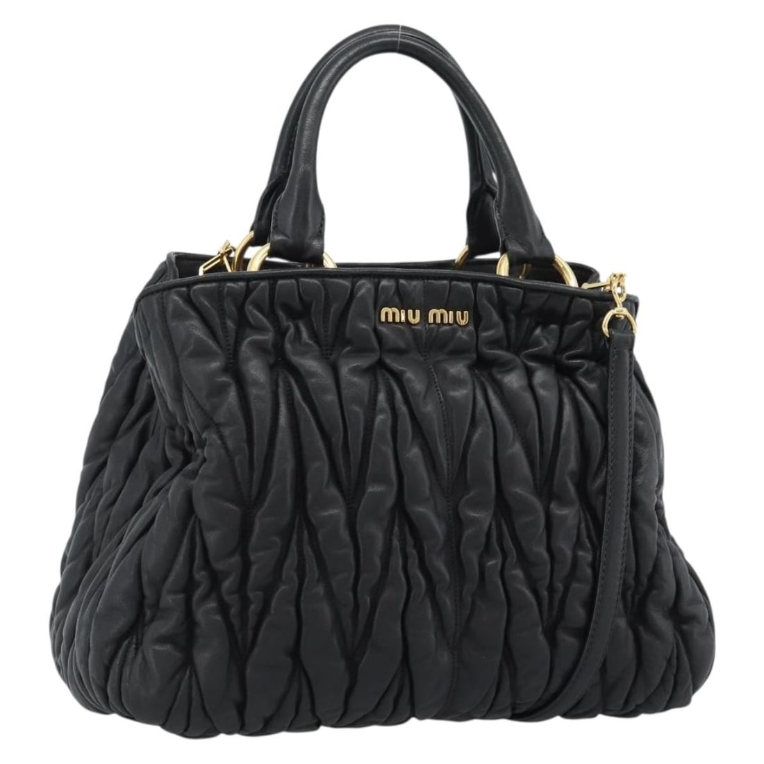 Miu Miu Matelasse Leather 2way Handbag Black with Shoulder Strap: Miu Miu Matelasse Leather 2way Handbag Black with Shoulder Strap Miu Miu Matelasse handbag in black leather with gold-tone hardware. This 2-way style comes with a shoulder strap and was made in Turkey