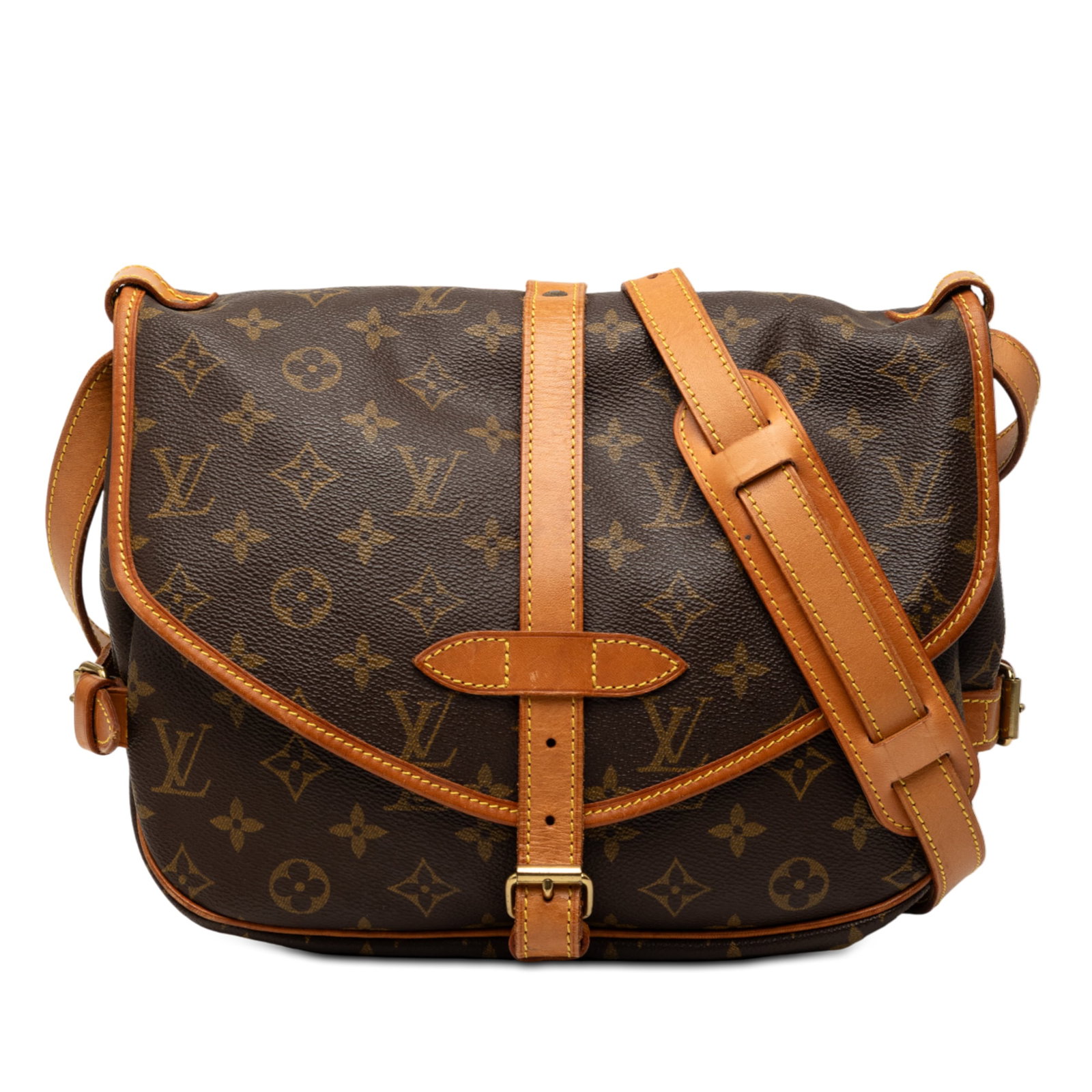 Louis Vuitton Saumur 30 Shoulder Bag in Monogram Canvas Brown: Louis Vuitton Saumur 30 Shoulder Bag in Monogram Canvas Brown The Louis Vuitton Monogram Saumur 30 features the iconic monogram canvas with a flat, adjustable leather shoulder strap. It is designed wi