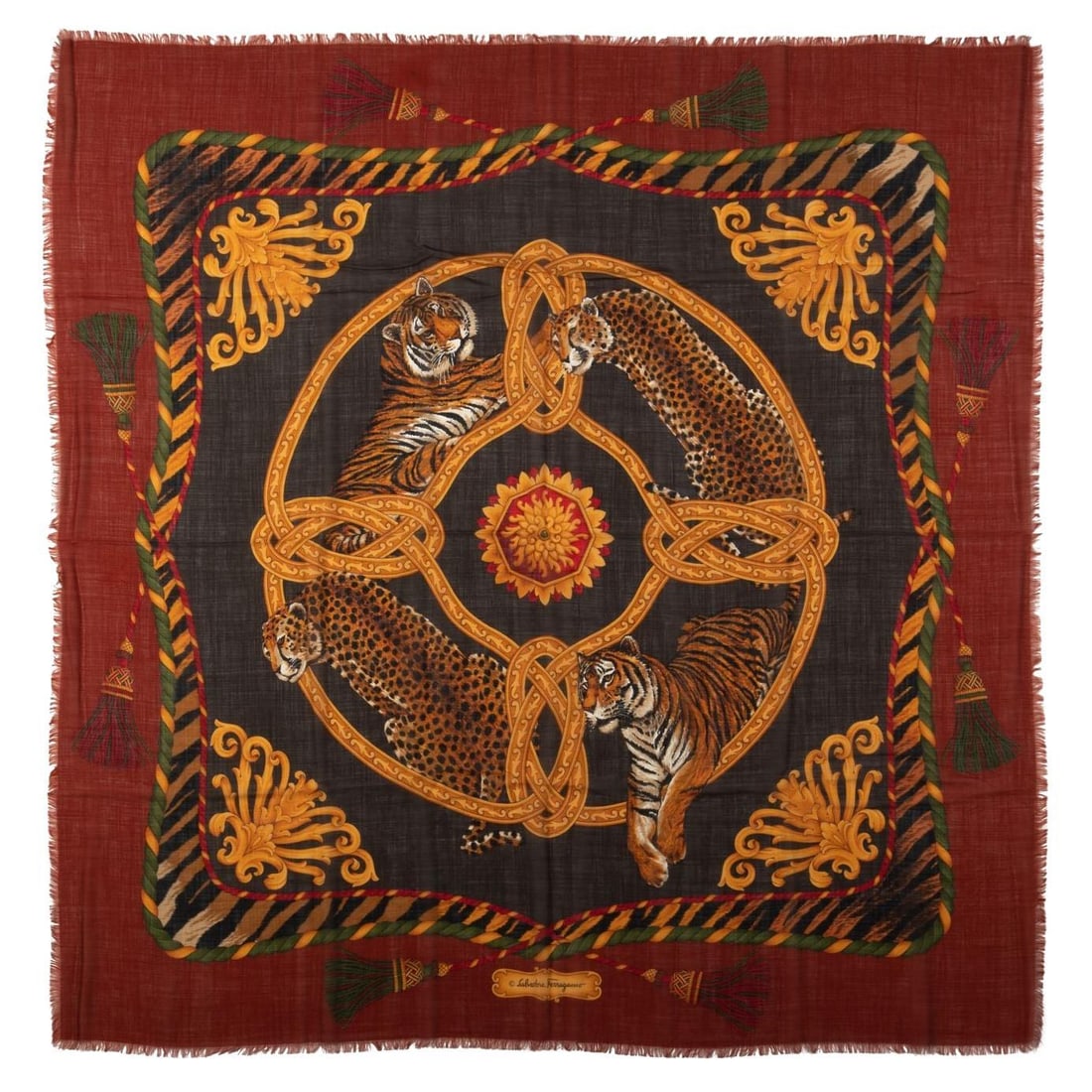 Ferragamo Brown Wool Silk Shawl with Tiger Design 54 x 54 in: Ferragamo Brown Wool Silk Shawl with Tiger Design 54 x 54 in This exquisite Ferragamo shawl is a stunning blend of wool and silk, featuring an intricate tiger design. The rich brown and beige color pa