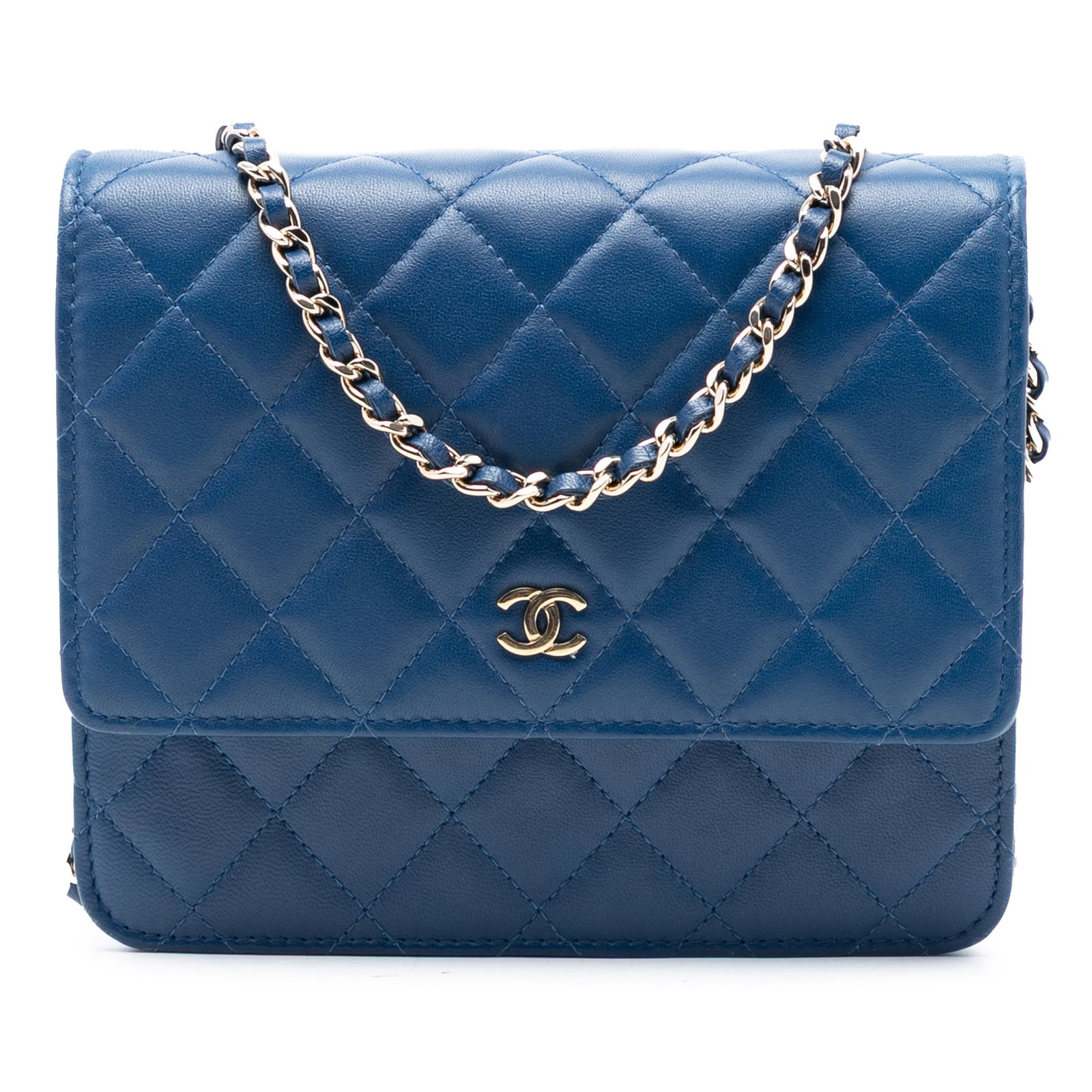 Chanel Blue Quilted Lambskin CC Square Wallet on Chain Bag: Chanel Blue Quilted Lambskin CC Square Wallet on Chain Bag This Chanel CC Square Quilted Lambskin Wallet on Chain features a quilted lambskin leather body in blue, a leather-woven chain strap with a l
