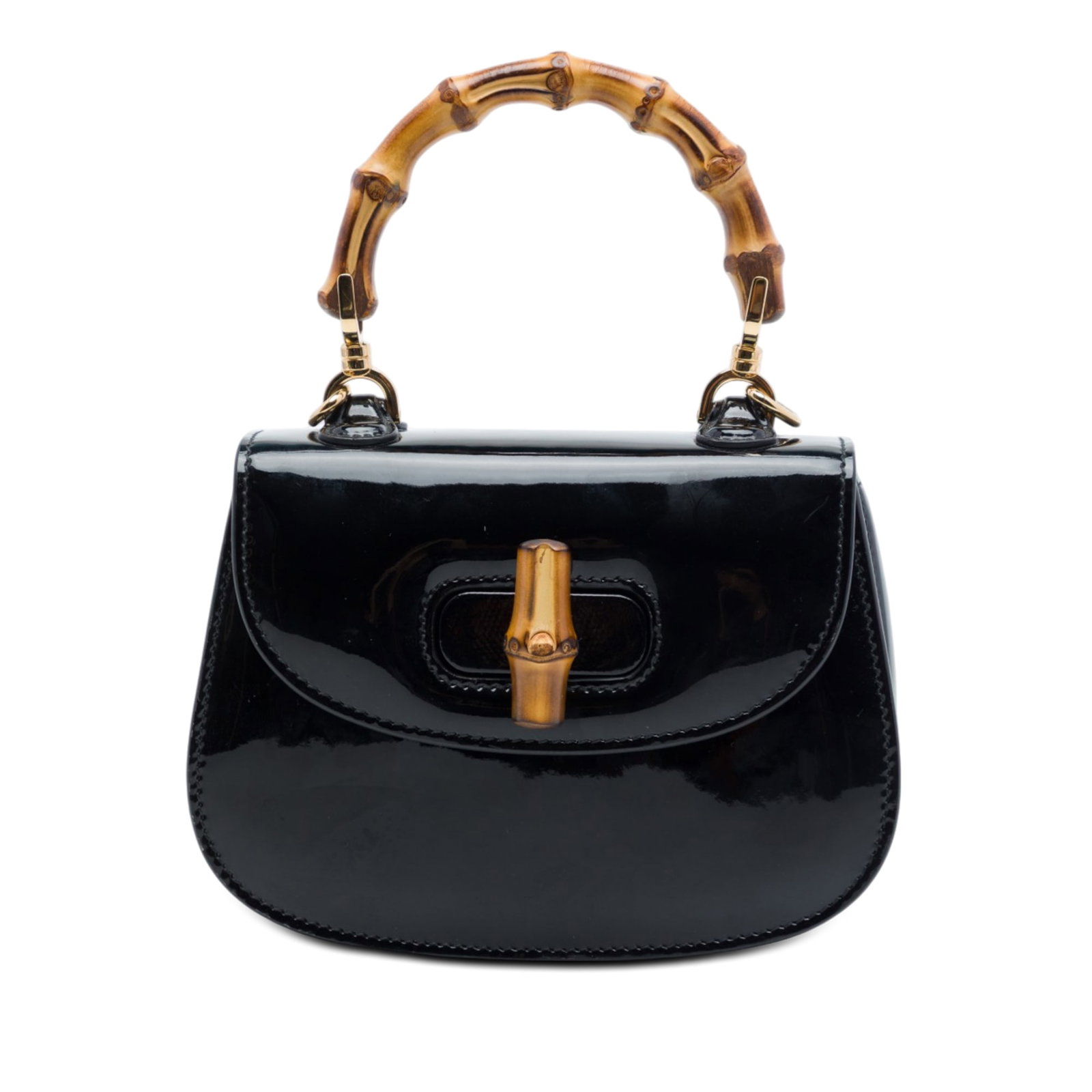 Gucci Bamboo 1947 Mini Patent Leather Top Handle Satchel: Gucci Bamboo 1947 Mini Patent Leather Top Handle Satchel Gucci Mini Patent Bamboo 1947 Top Handle Bag satchel in black, made in Italy. It features a leather body, a bamboo top handle, a front flap wit