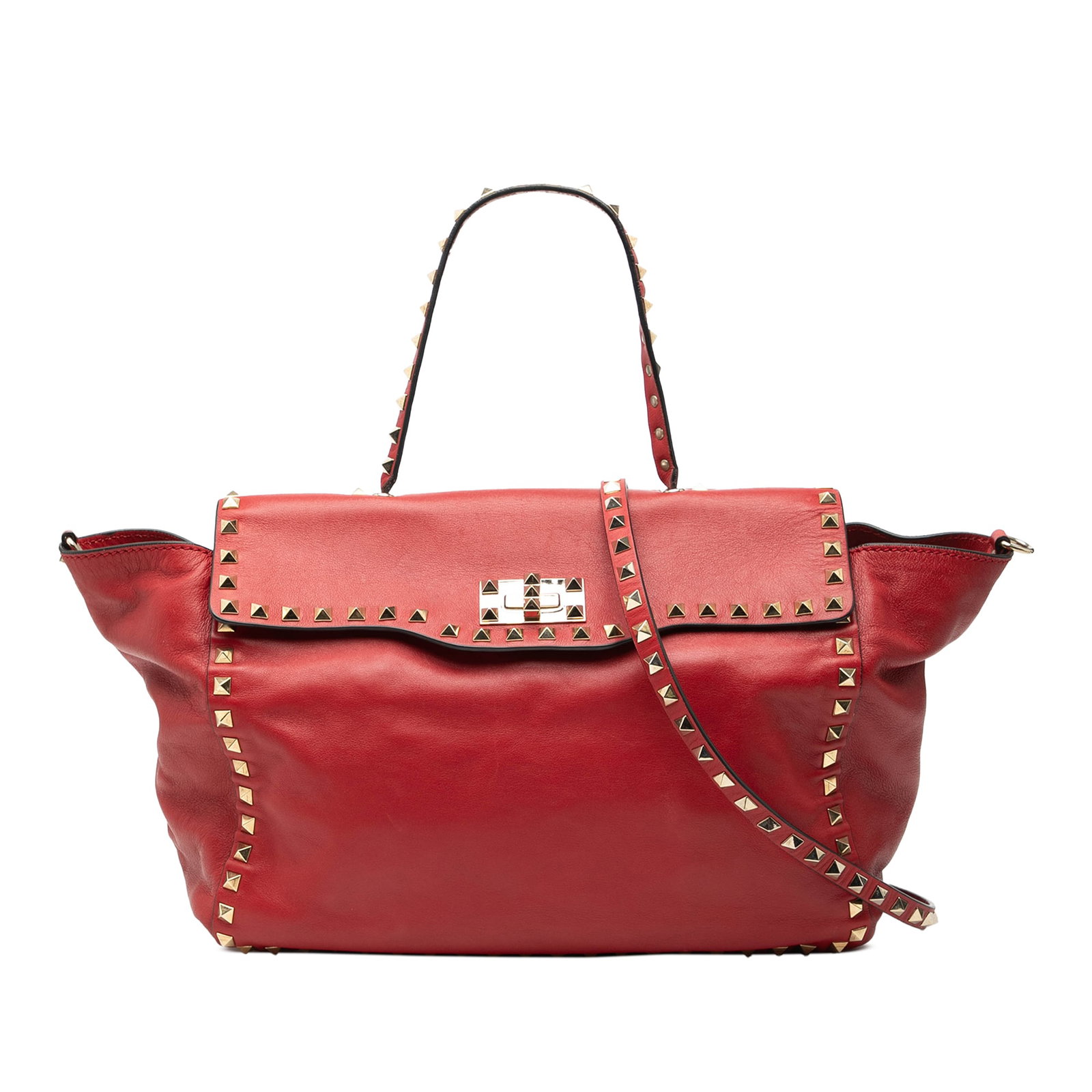 Valentino Rockstud Medium Red Leather Satchel with Studded Top Handle: Valentino Rockstud Medium Red Leather Satchel with Studded Top Handle This Valentino Medium Leather Rockstud Trapeze Flap Satchel features a red leather body with signature stud accents, a flat top ha