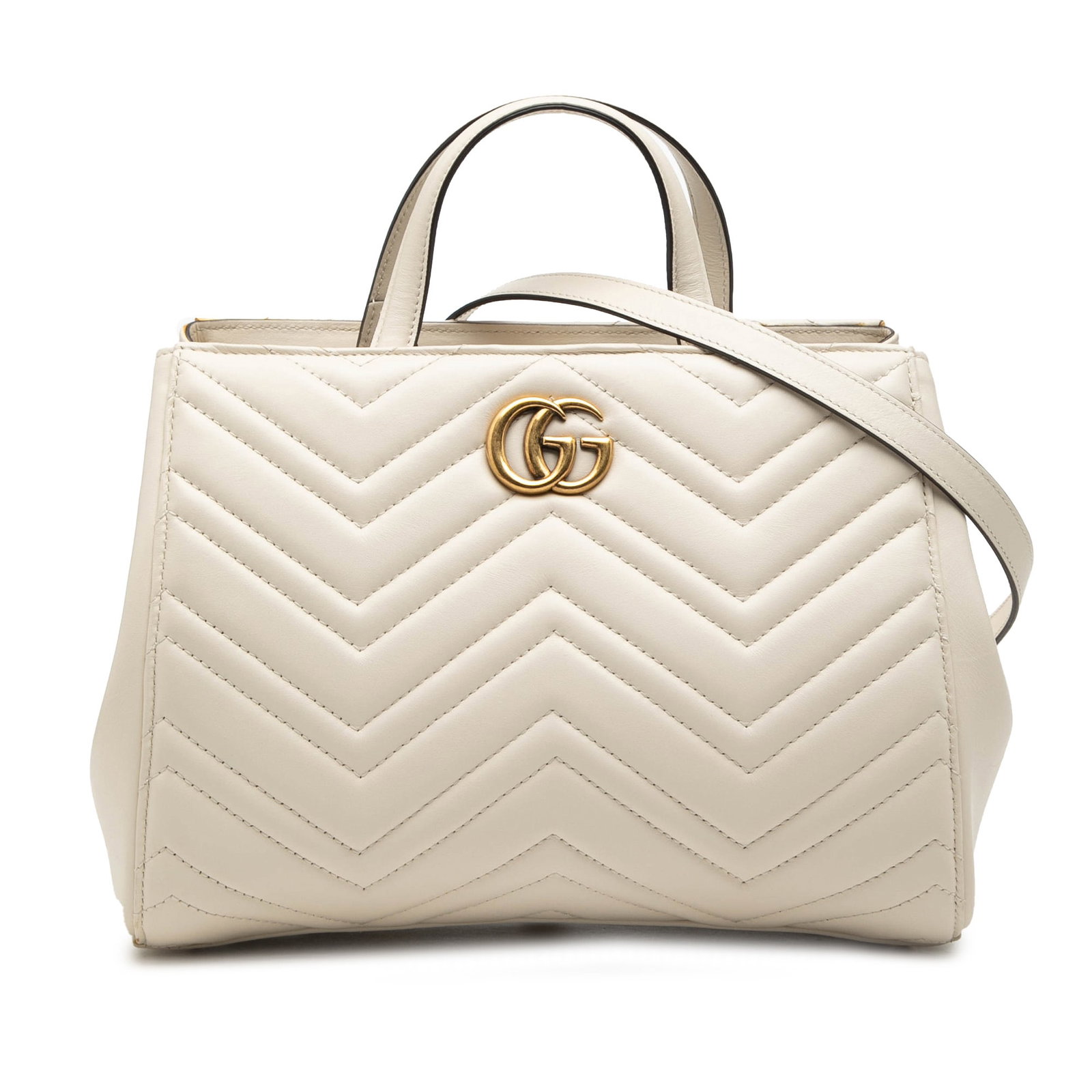 Gucci GG Marmont White Leather Satchel with Detachable Strap: Gucci GG Marmont White Leather Satchel with Detachable Strap This Gucci Small GG Marmont Matelasse Calfskin Satchel showcases a quilted leather body in white with flat leather top handles and a detach